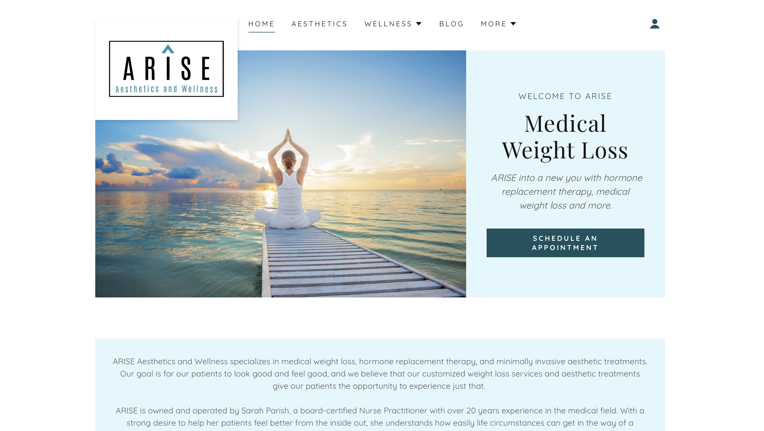 Website screenshot for ARISE Aesthetics and Wellness featuring a person meditating by the ocean and text about medical weight loss services.