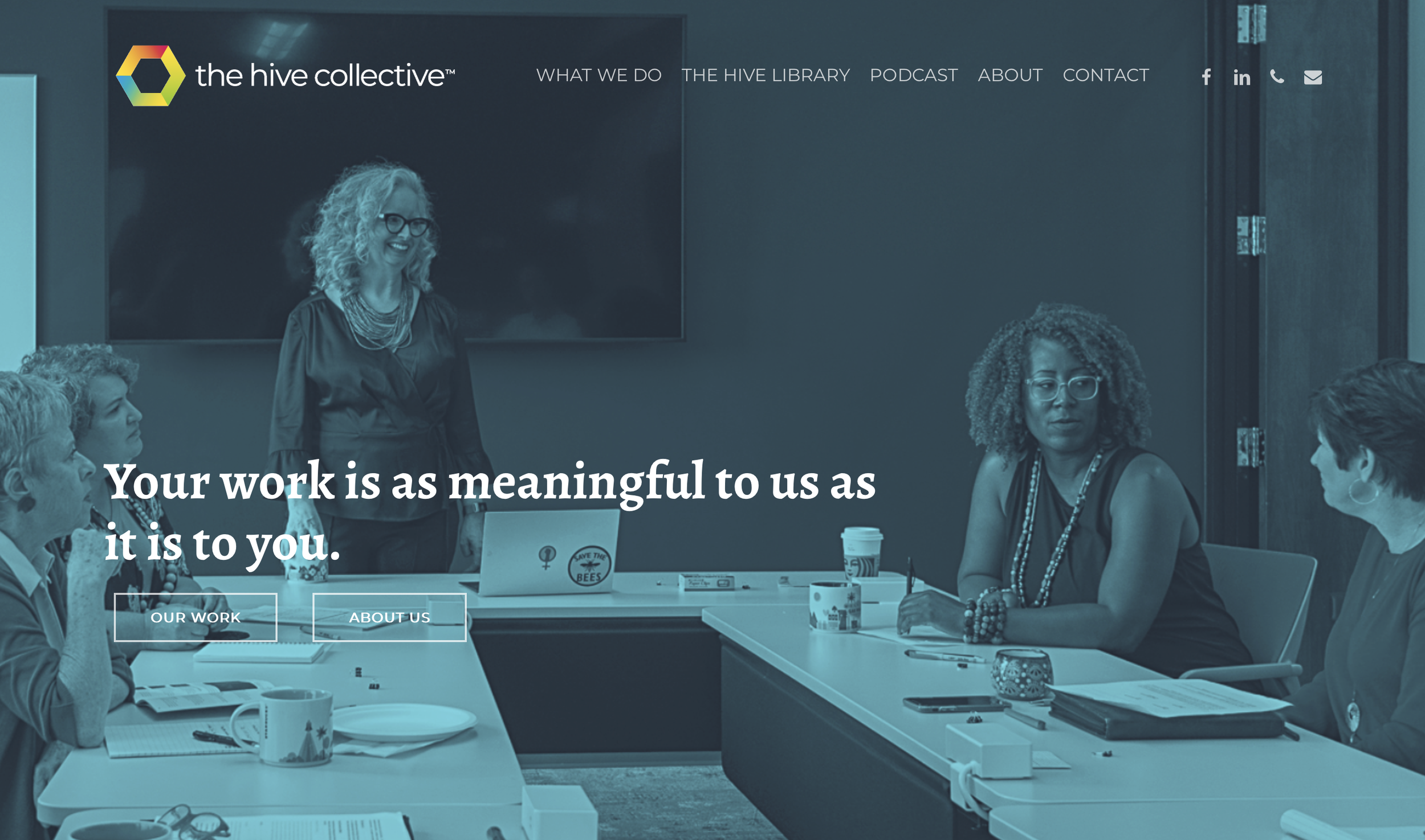Group of people having a meeting in an office setting with 'The Hive Collective' logo and website navigation menu at the top.