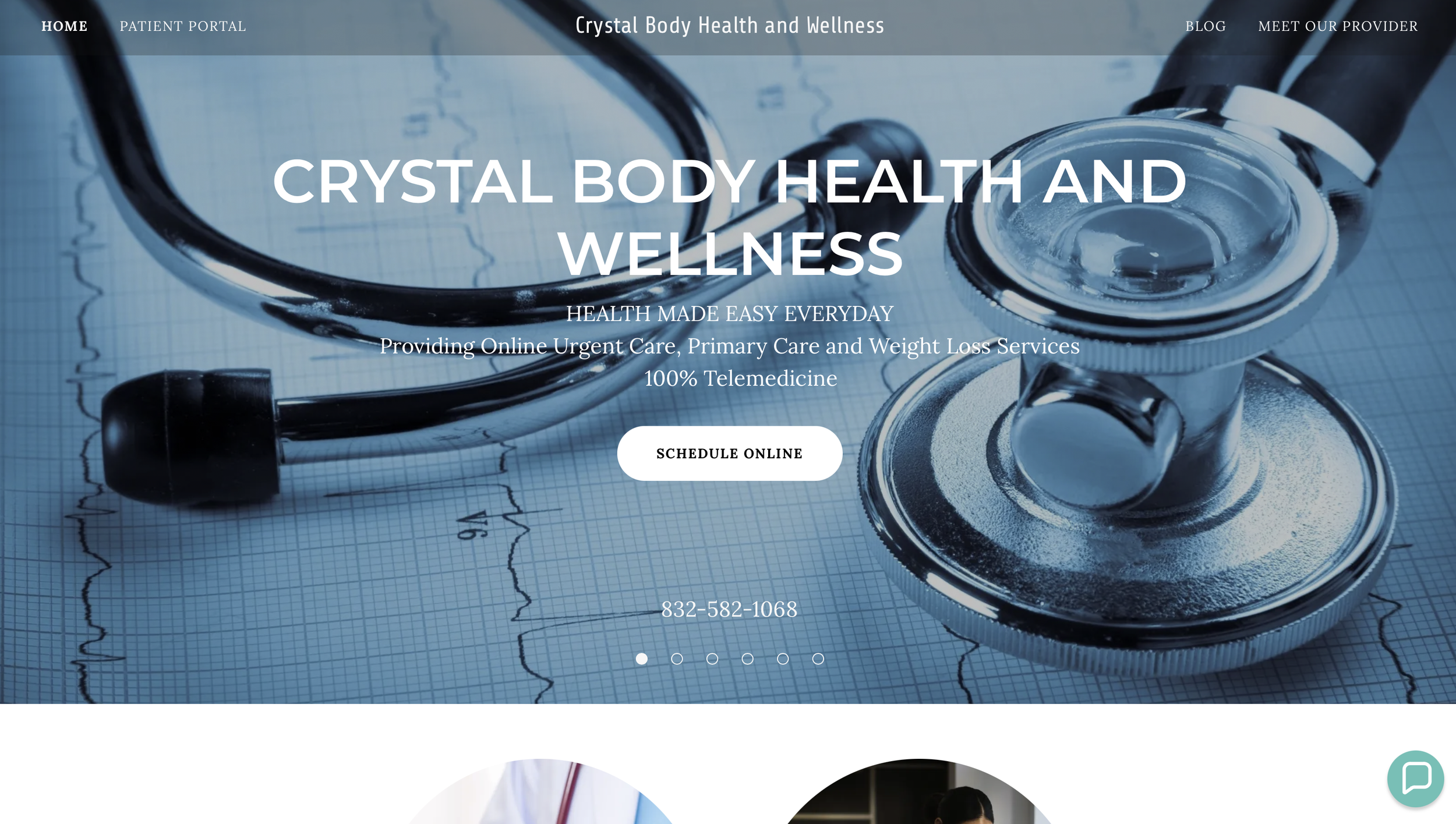 Medical website homepage featuring stethoscope and EKG graph