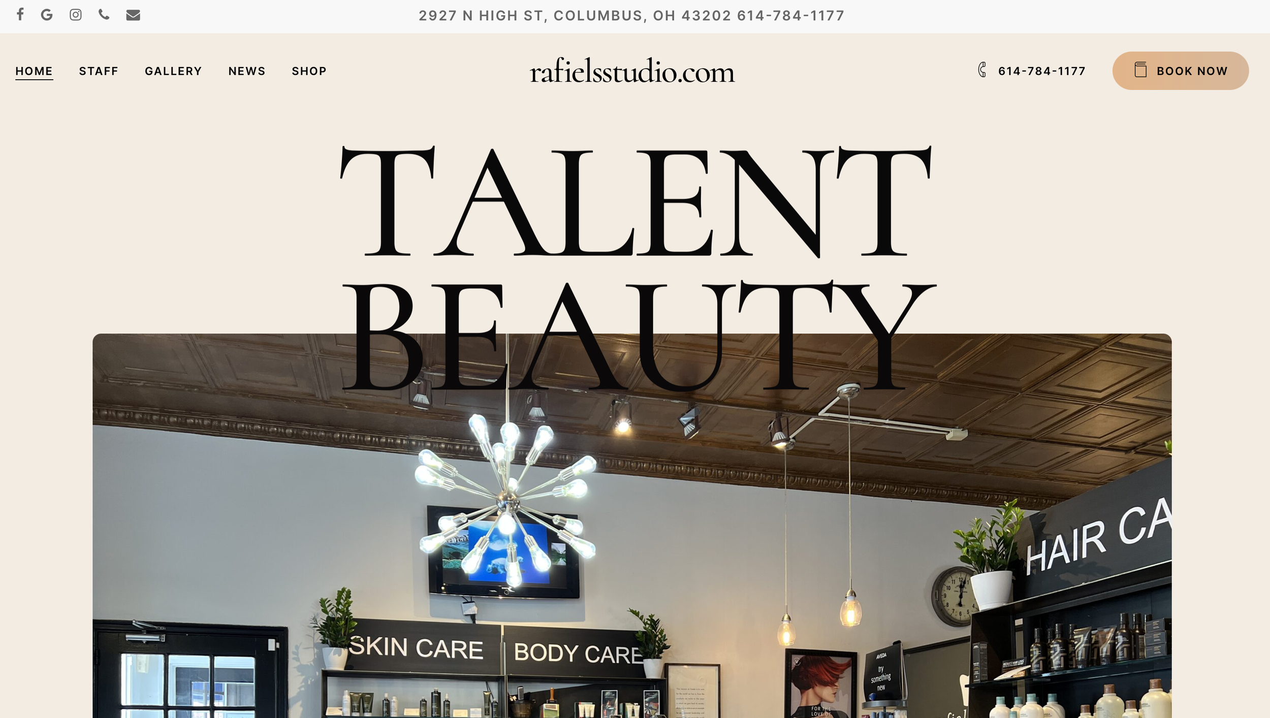 Screenshot of a beauty salon's website homepage featuring the text "Talent Beauty" with images of skin care, body care, and hair care products displayed in a salon setting. The website header includes navigation links and contact details.