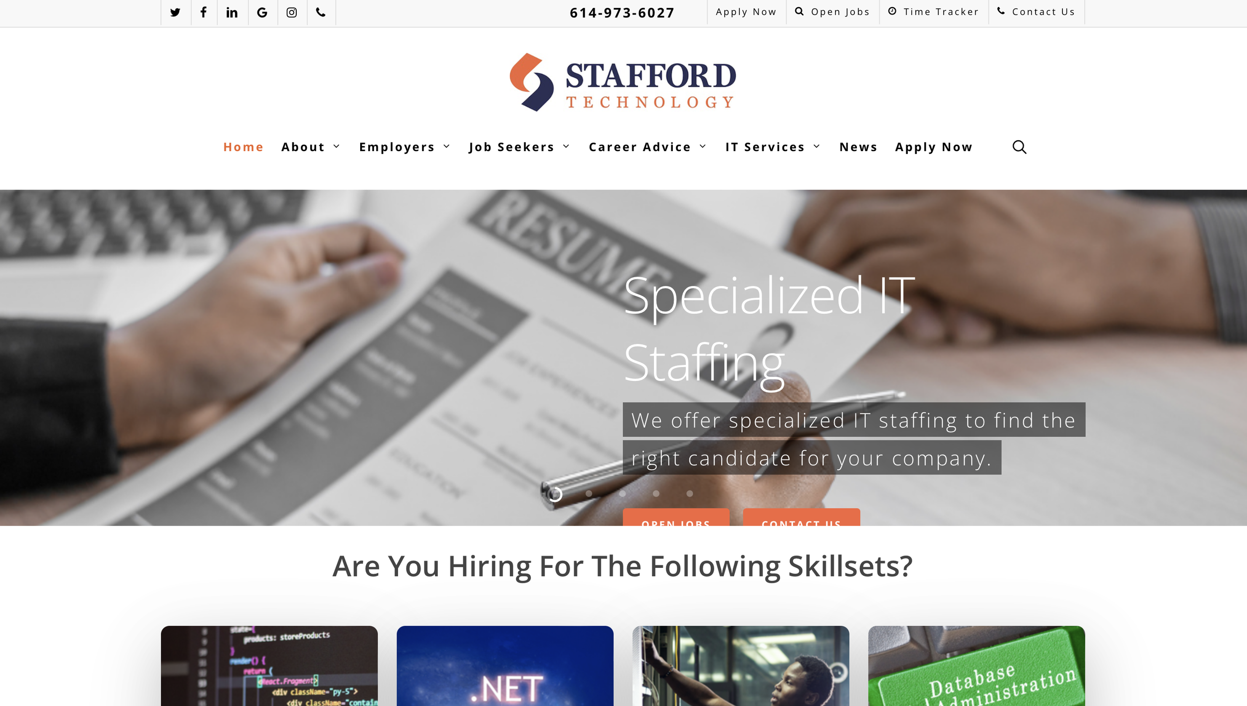 Website homepage for Stafford Technology offering specialized IT staffing services, showing a hand holding a resume and navigation options for job seekers and employers.