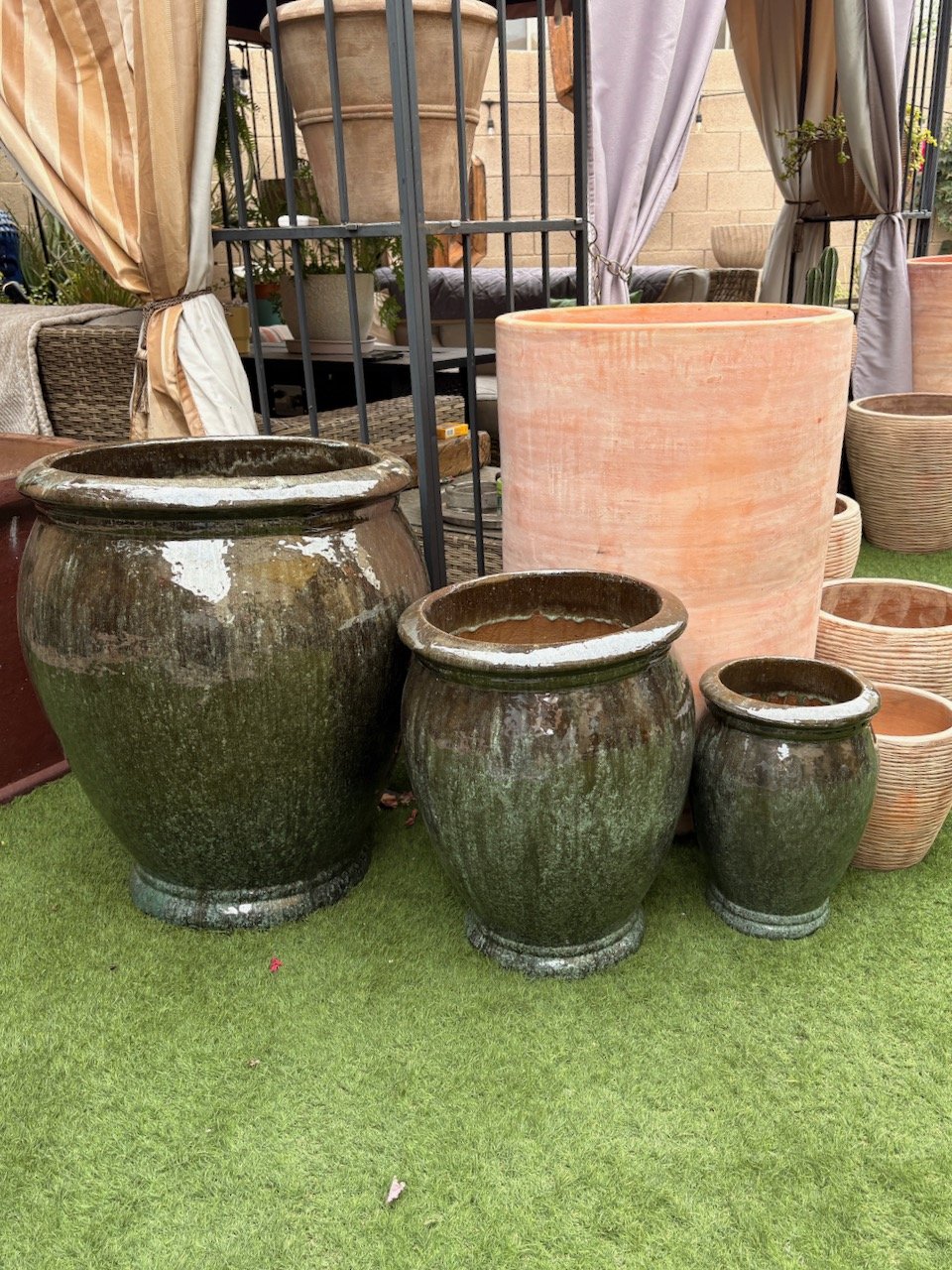 3pc Moss Green Urn set - $649  //  15" - $90  //  23" - $220  //  28" -  350