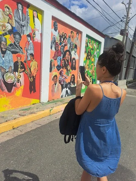 A woman in a blue dress takes a photo of colorful murals on a wall Kingston downtown, Art walk.