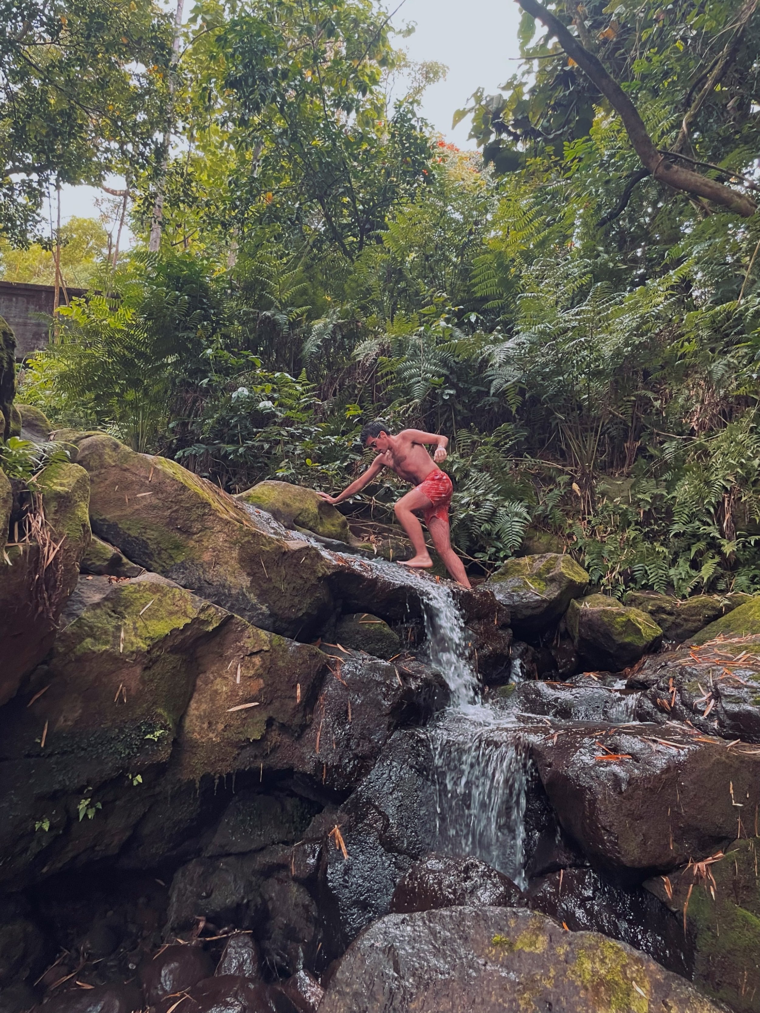 A man in red shorts playing in a small waterfall surrounded by lush green forest.