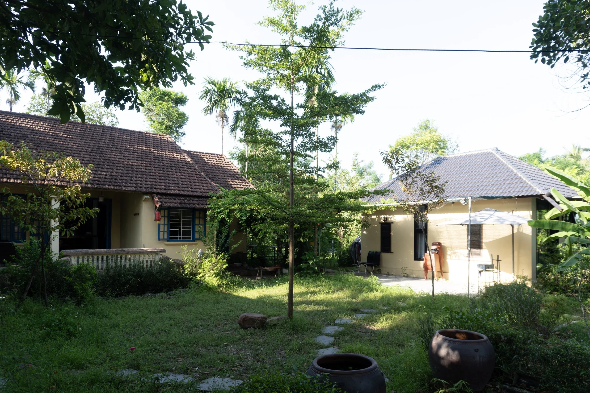 A lush green backyard with trees and grass, two houses with tiled roofs, patio chairs, and large ceramic pots, sunlight filtering through the foliage.