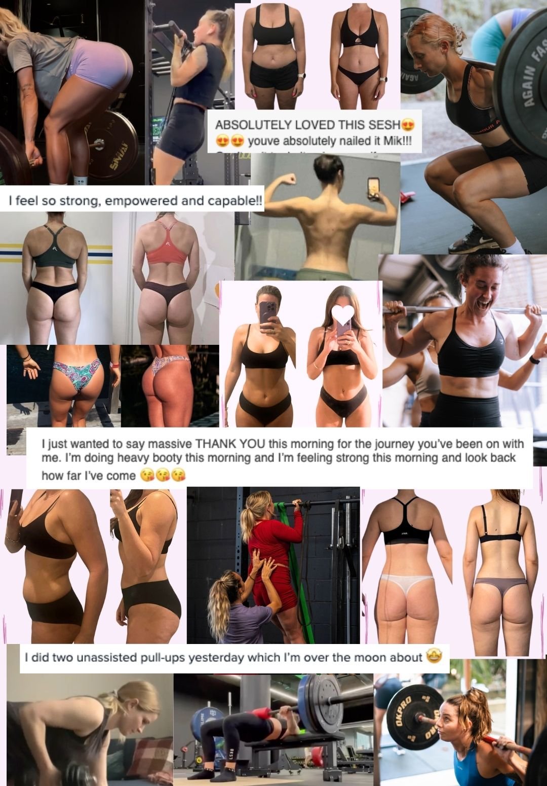 Collage of women exercising, weightlifting, and showing their progress in fitness and body transformation.