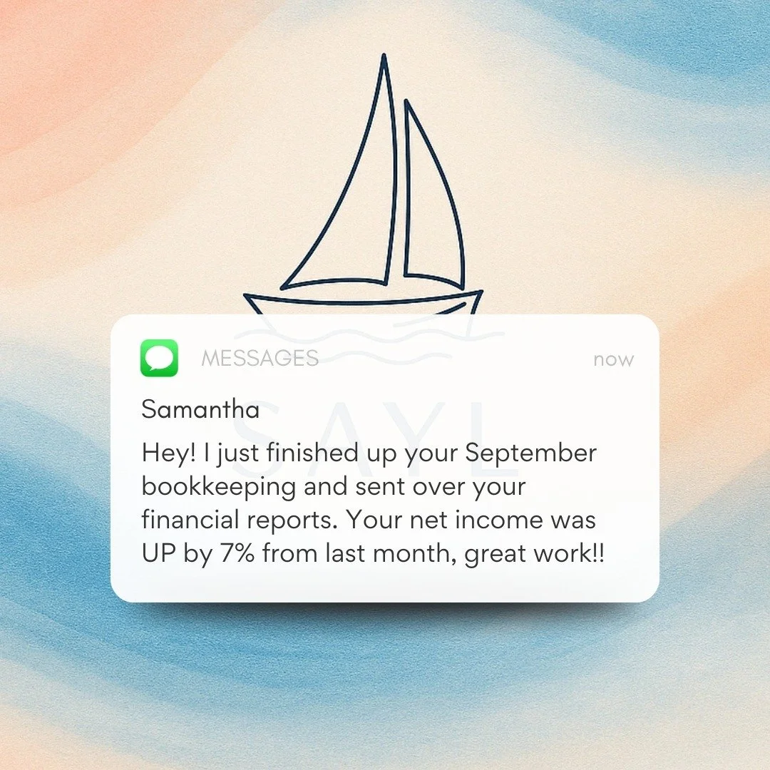 POV: You're a business owner who gets this type of text from your bookkeeper every month! 📲
Oh, your bookkeeper *isn't* keeping you updated on your financial status and pointing out your wins (or opportunities for growth)?! 
SAYL clients can't rel