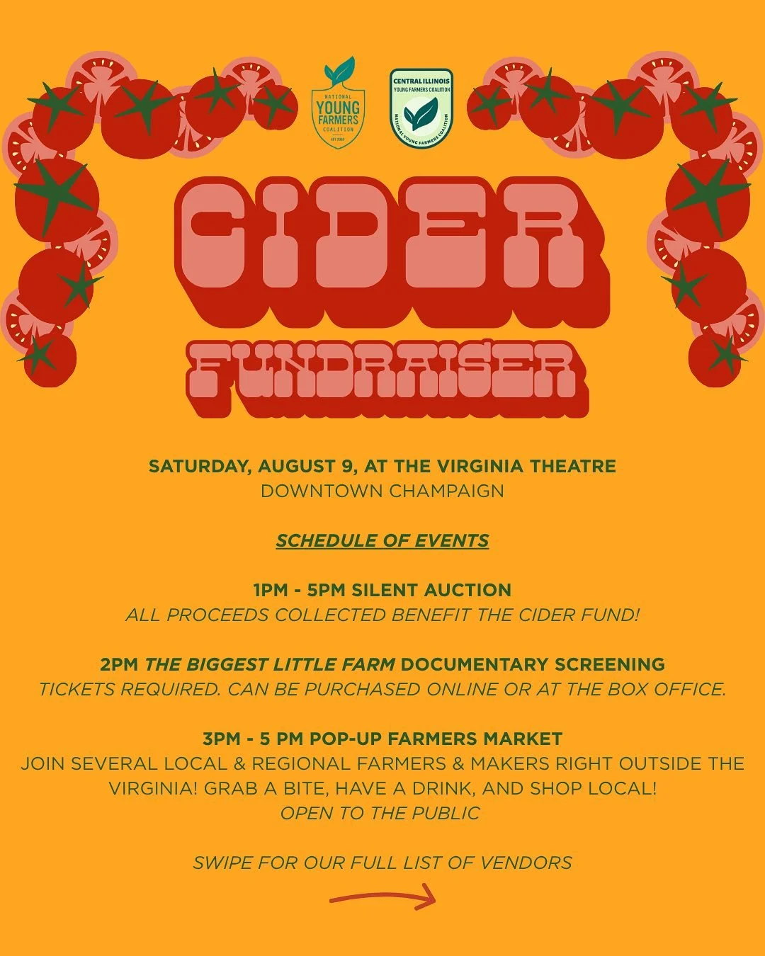 Ahh! This event is next week! Aug 9th. I am so excited to be surrounded by great company and all in support of the amazing work that the @central.il.yfc is doing! I will be posting up in front of the Virginia Theater for a pop-up evening farmers mark
