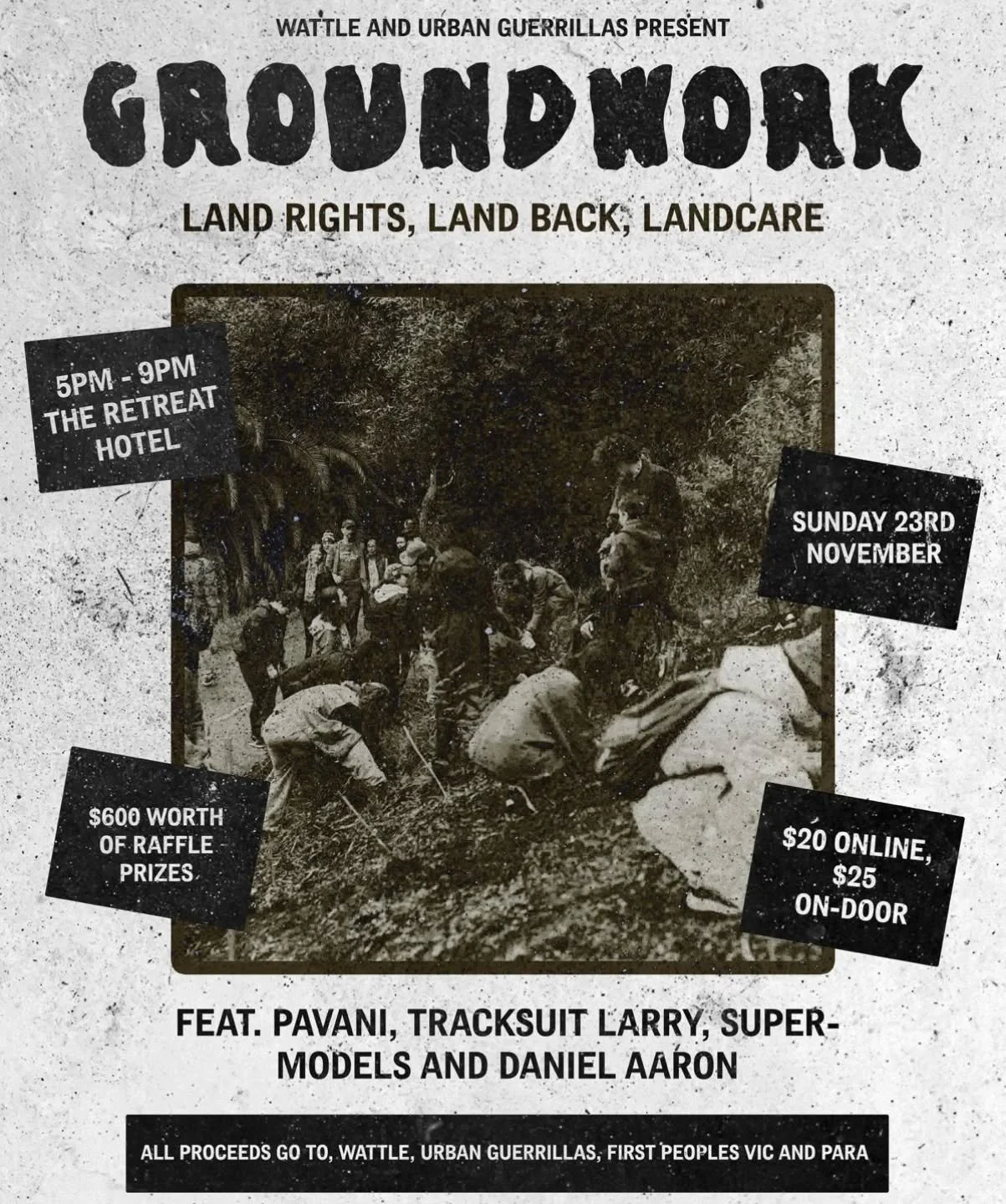 Our joint fundraiser with Wattle is right around the corner!

Come down and support our amazing acts @pavanimusic, @tracksuitlarry, @supermodelsmelb, and @danielaaronnnnn 🎸

All proceeds will be split between Urban Guerrillas + @wattle.volunteers 🪴