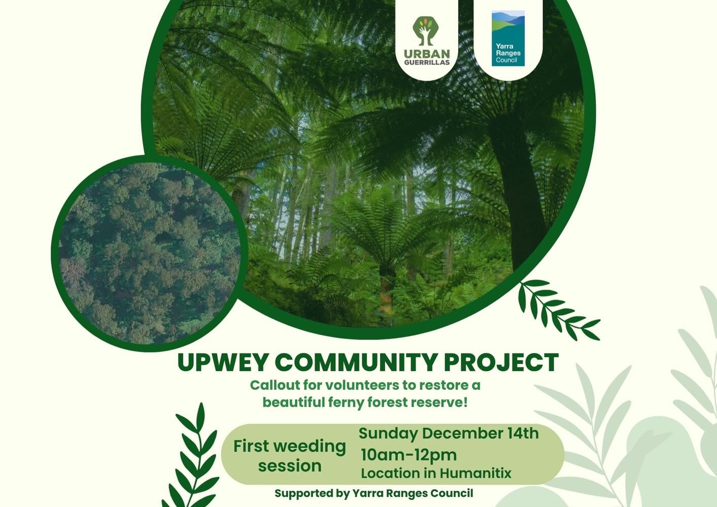 🌴NEW SITE IN UPWEY! 🌴

With support from Yarra Ranges Council, Urban Guerrillas now have a new site to care for in the beautiful Dandenongs, along Ferny Creek in Upwey. 

We&rsquo;re super excited to get our hands dirty with some hand weeding at th