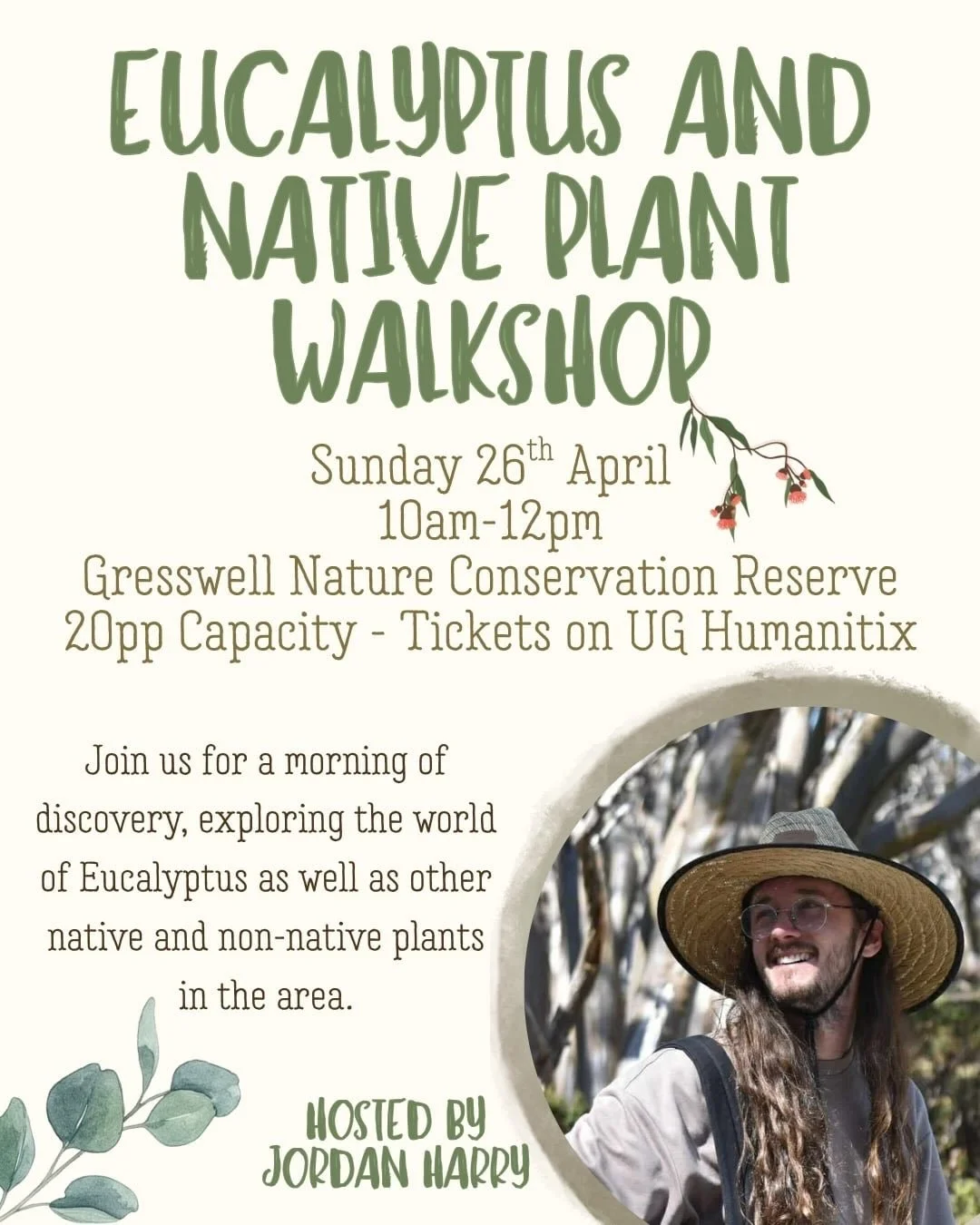 🌸EUCALYPTUS + NATIVE PLANT WALKSHOP🌸

Join us on a walk and talk on Sunday 26th April through some parts of the Gresswell Nature Conservation Reserve in Watsonia, focusing predominantly on all things Eucalyptus! There will also be many chances alon