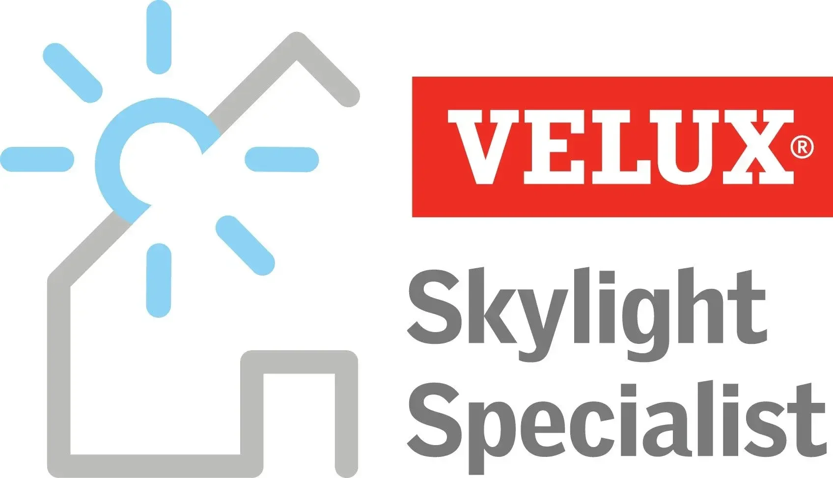 Logo of Velux Skylight Specialist, featuring a stylized skylight window with a sun and wind symbol, and text indicating the company's focus on skylight installation.