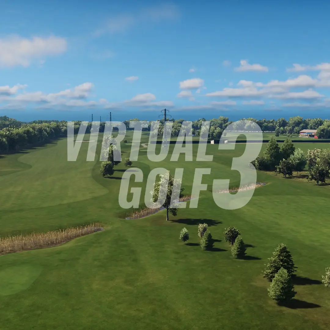 Aerial view of a golf course with lush green fairways, trees, a pond, and a blue sky with scattered clouds. A Virtual Golf 3 golf course.