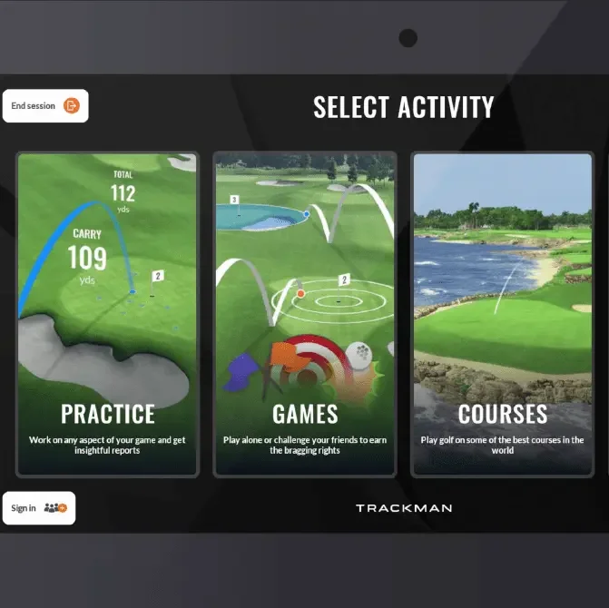 A digital interface for a golf game application with four options: Practice, Games, Courses, and Tournaments. Practice shows a golf shot on a course; Games depicts putting and chipping; Courses displays a scenic golf course near a body of water; Tournaments features a trophy. There are additional icons for login, settings, and QR code for quick login on the interface.