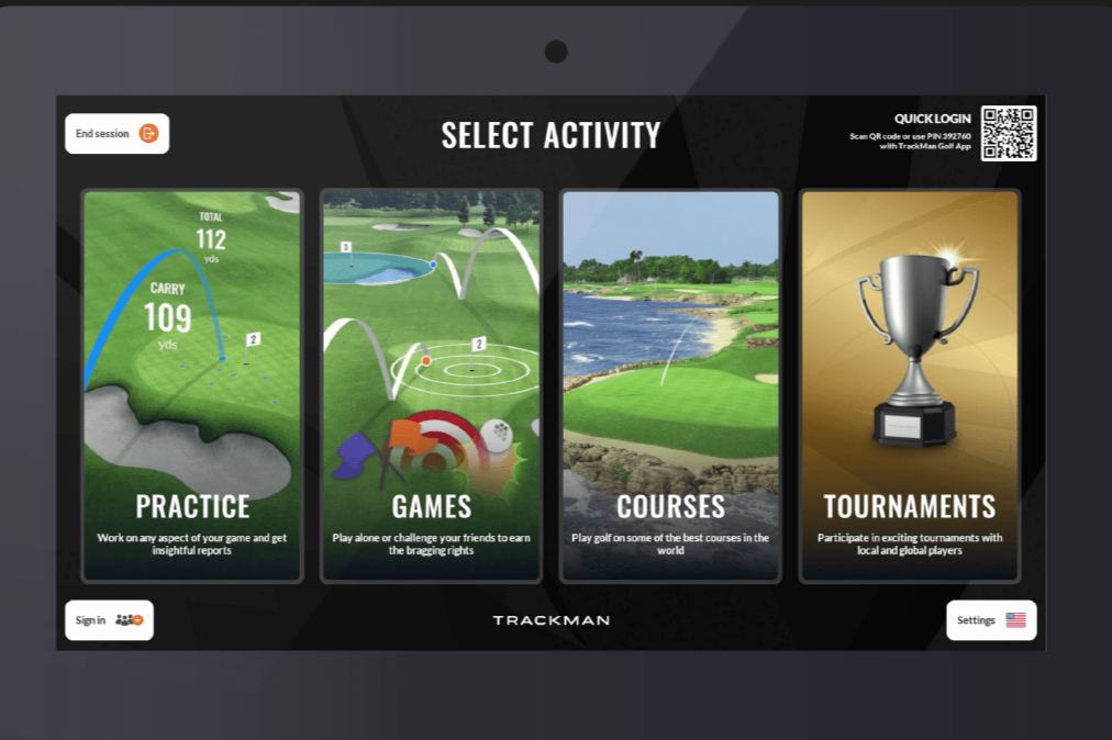 A digital interface for a golf game application with four options: Practice, Games, Courses, and Tournaments. Practice shows a golf shot on a course; Games depicts putting and chipping; Courses displays a scenic golf course near a body of water; Tournaments features a trophy. There are additional icons for login, settings, and QR code for quick login on the interface.