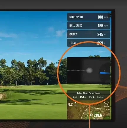 Golf swing analysis app showing club speed, ball speed, carry distance, and total distance on a golf course background with trees and blue sky.