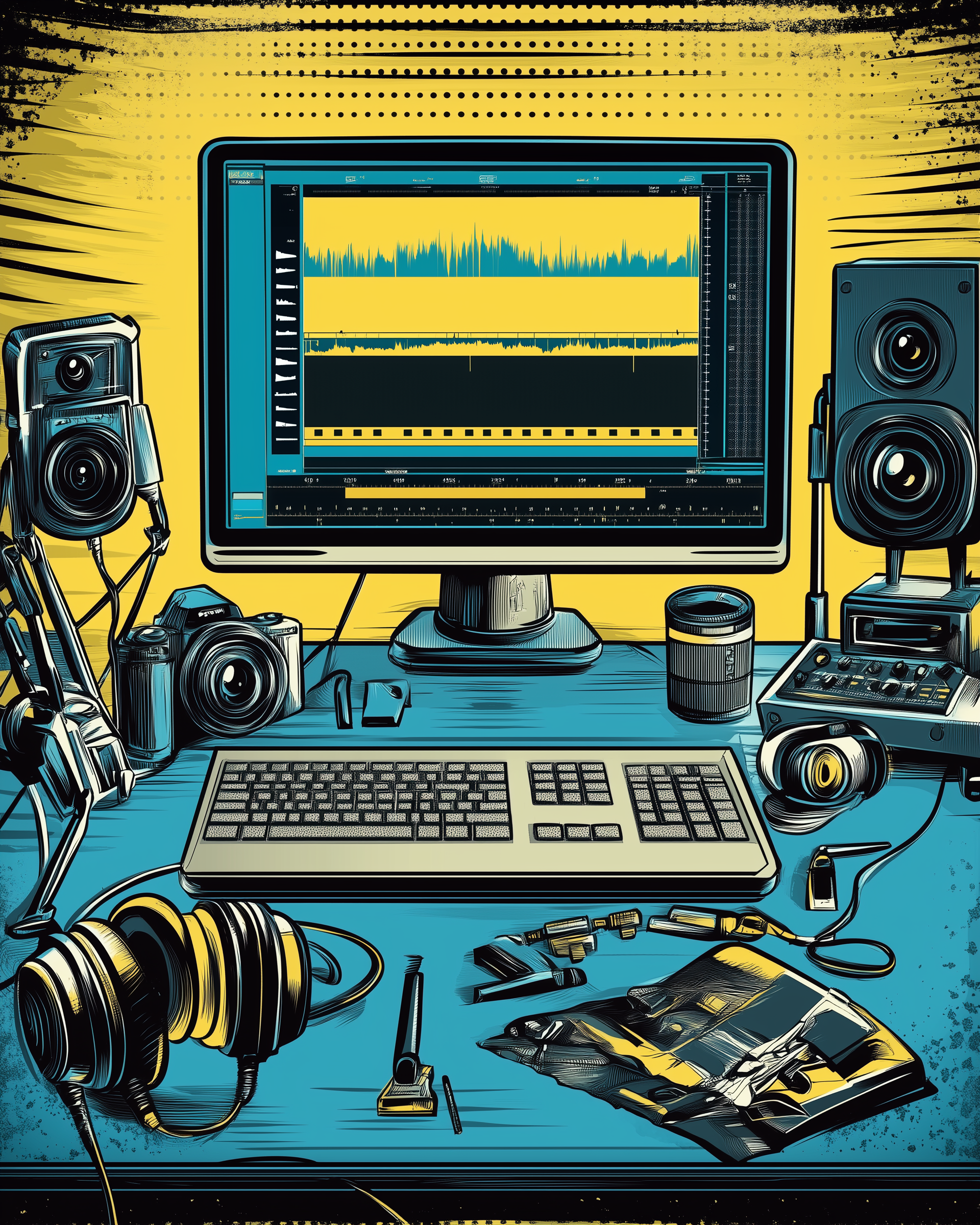 An electronic music production workspace featuring a computer monitor displaying audio editing software, studio speakers on either side, a keyboard, a camera, headphones, and various digital and analog audio equipment on a blue desk with a yellow background.
