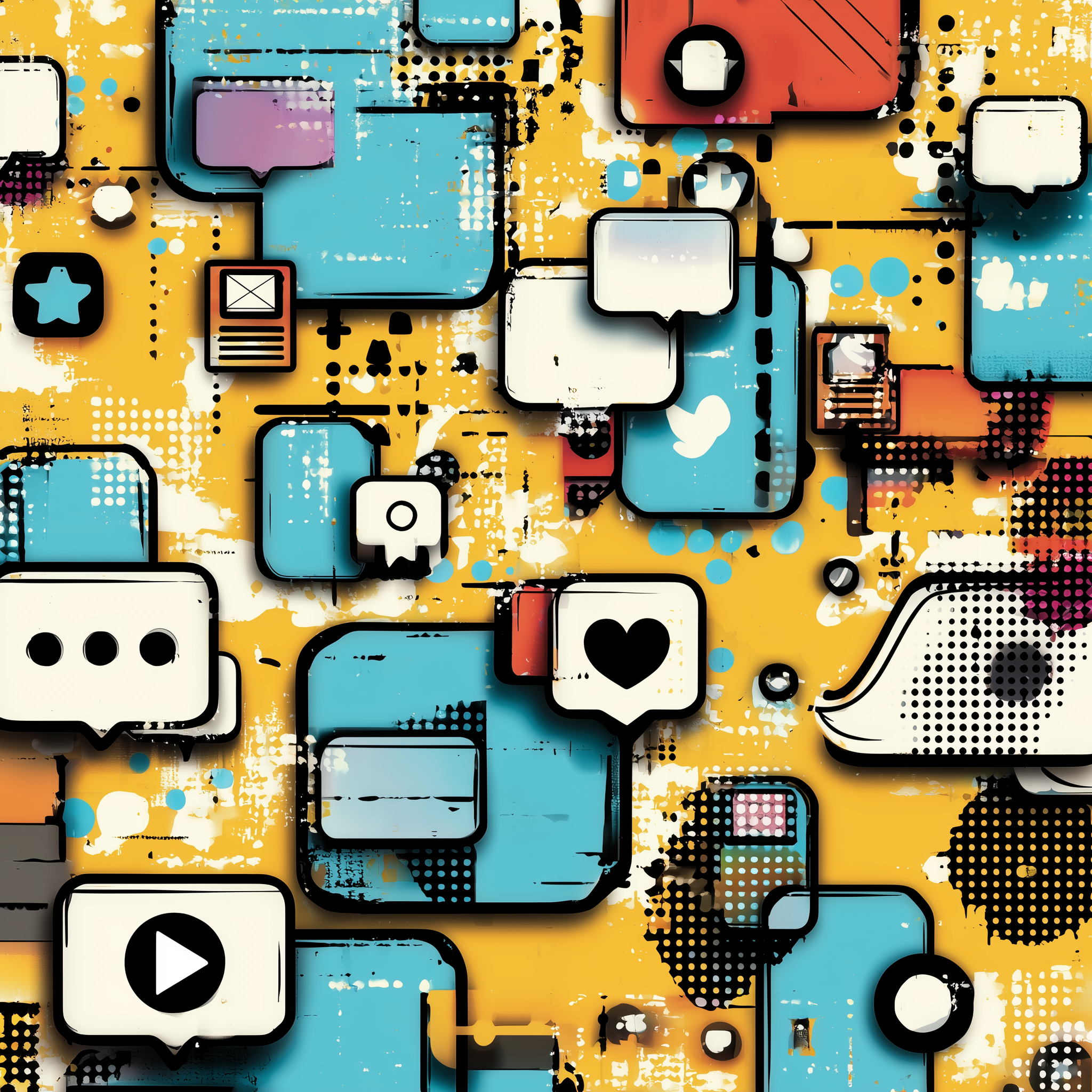 Abstract digital art with colorful speech bubbles and icons related to social media and communication, including play buttons, hearts, and chat symbols, set against a yellow background with splashes of blue, white, pink, and black.