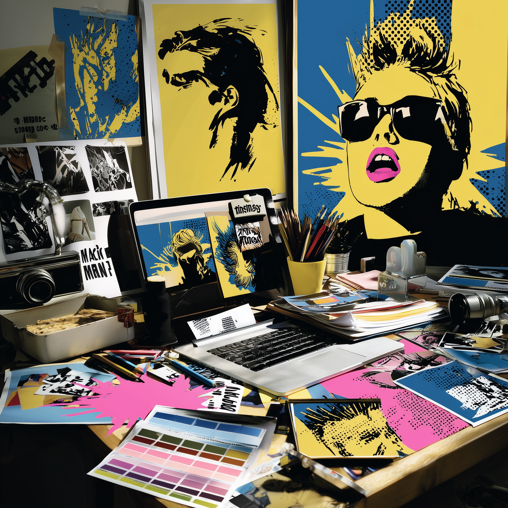 A display of colorful pop art prints, mostly portraits with sunglasses, featuring bold yellow, blue, black, and pink colors, with various smaller prints and color swatches on a cluttered table.