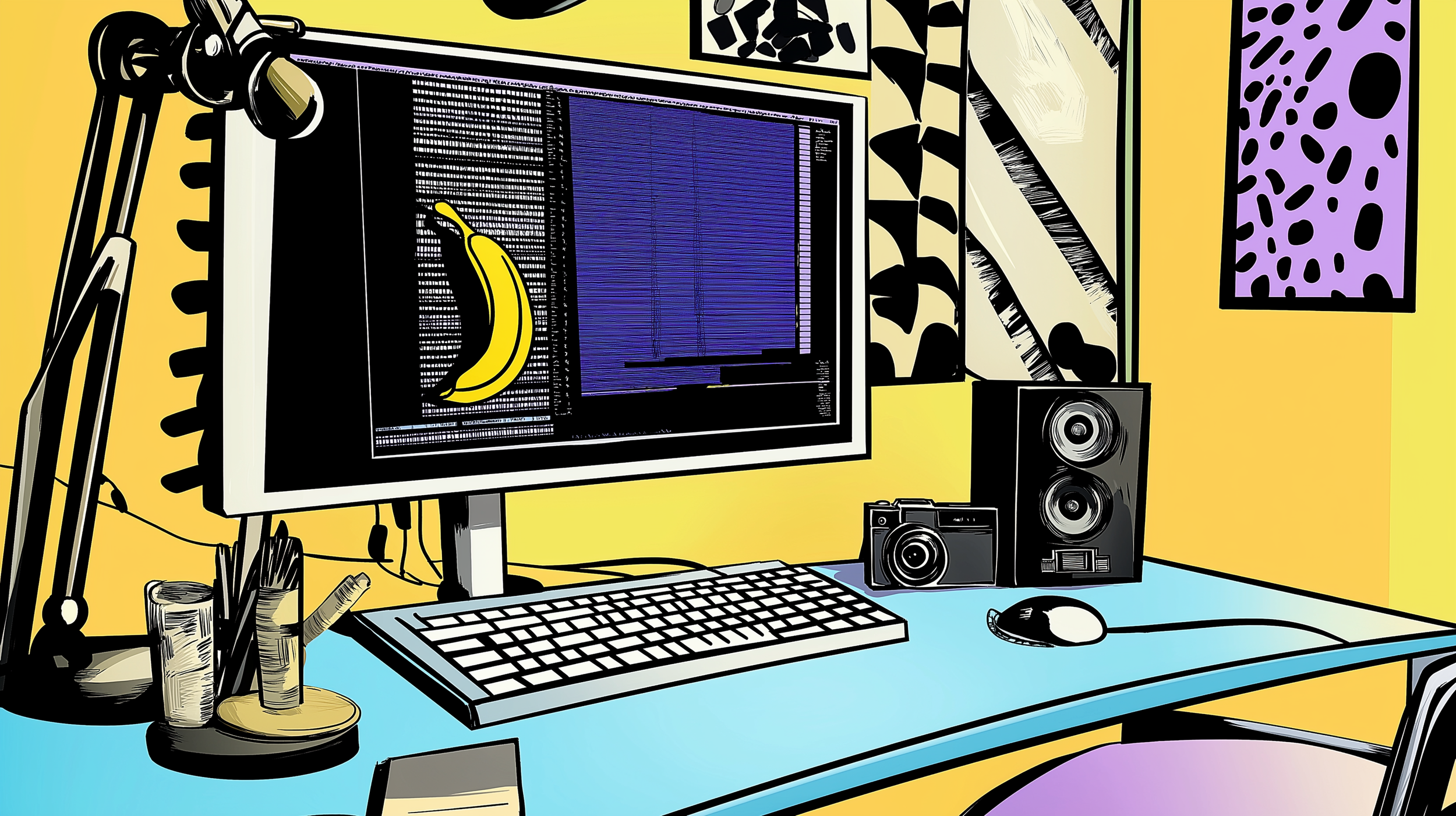 Digital illustration of a computer workspace with a monitor displaying code, a keyboard, mouse, speakers, and various desk accessories on a blue desk against a yellow wall.