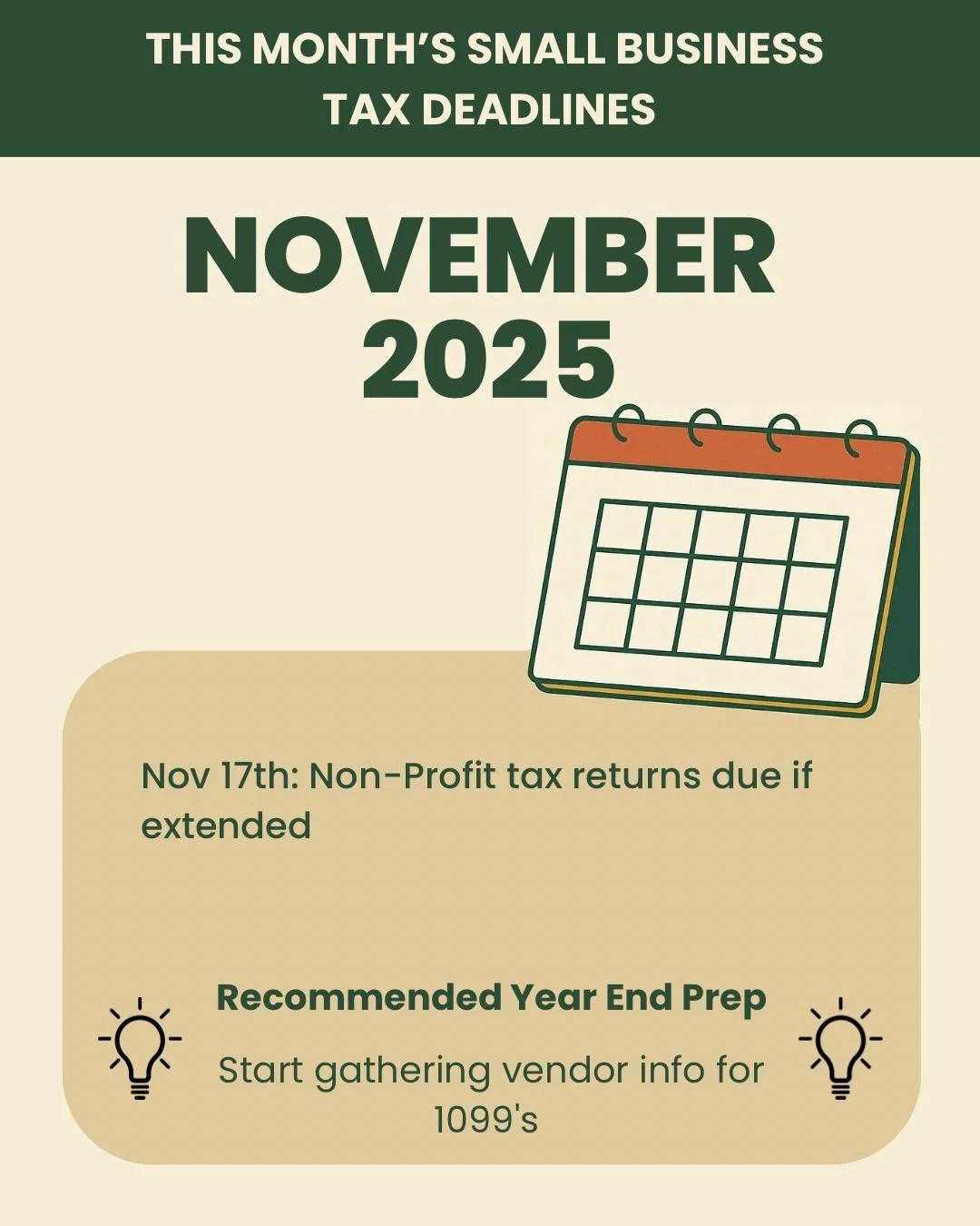 Stay ahead of your filings and avoid year-end rush! Here are the key dates to keep in mind this month.

Need help staying compliant? Let Chip-In Accounting keep you on course ⛳️
chipinaccounting.com

#SmallBusinessAccounting #NJBusiness #TaxDeadlines