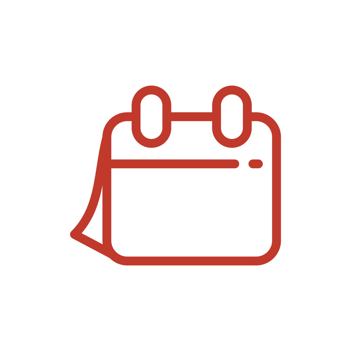 Icon of a calendar with a flag on the bottom left corner, displayed in red outline on a white circular background.