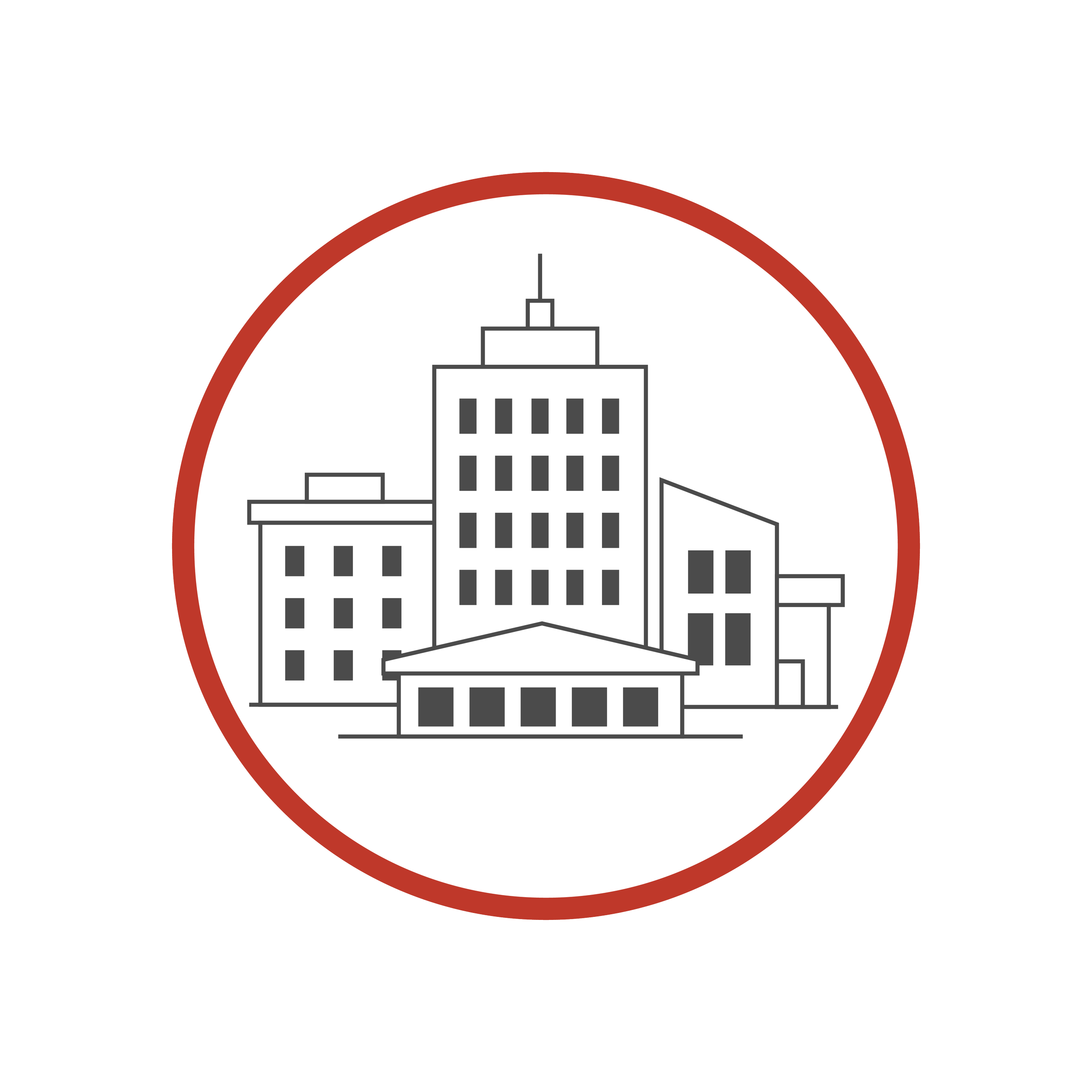 An illustration of a cityscape with multi-story buildings inside a circular frame with a red border.