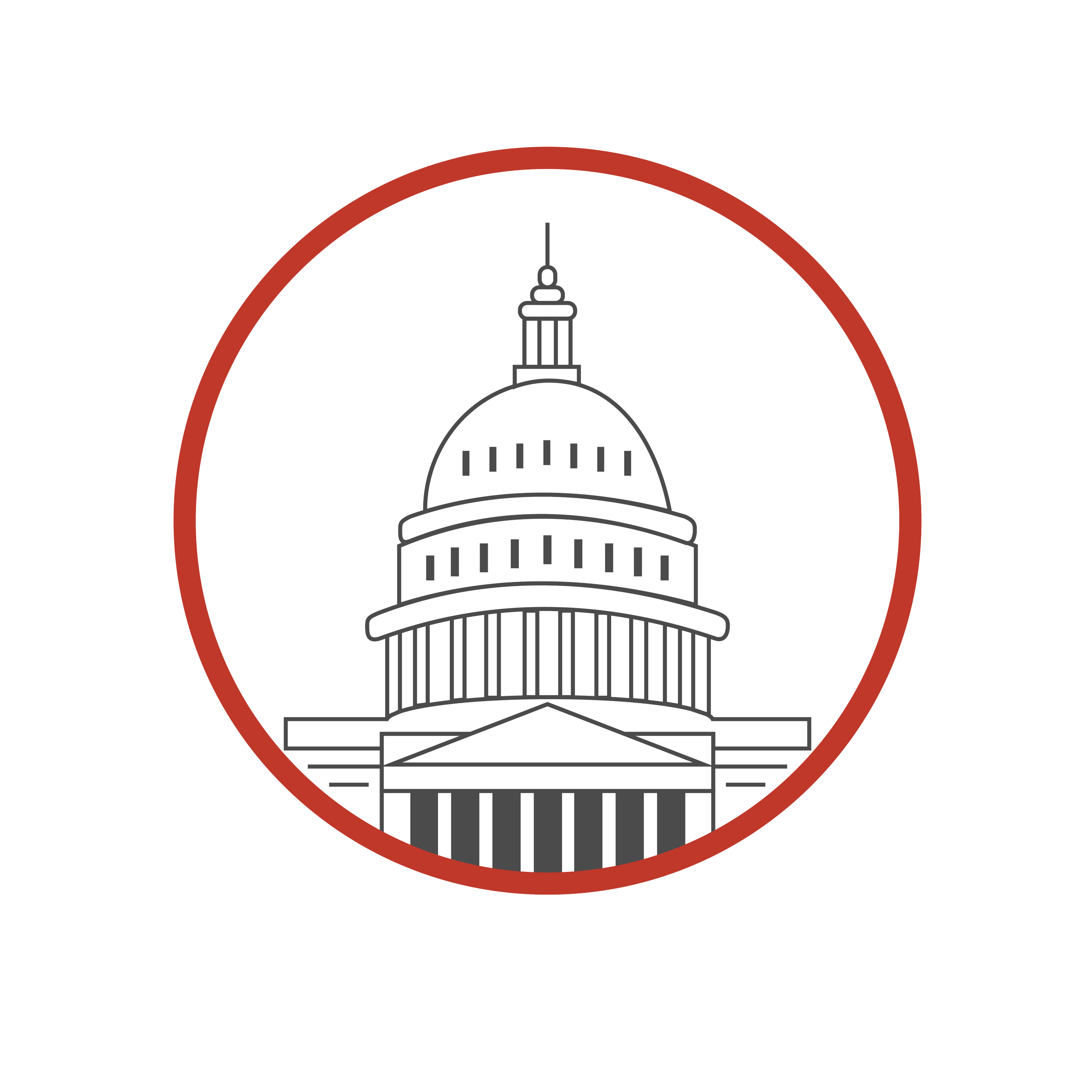 Graphic illustration of the United States Capitol building enclosed within a red circle.