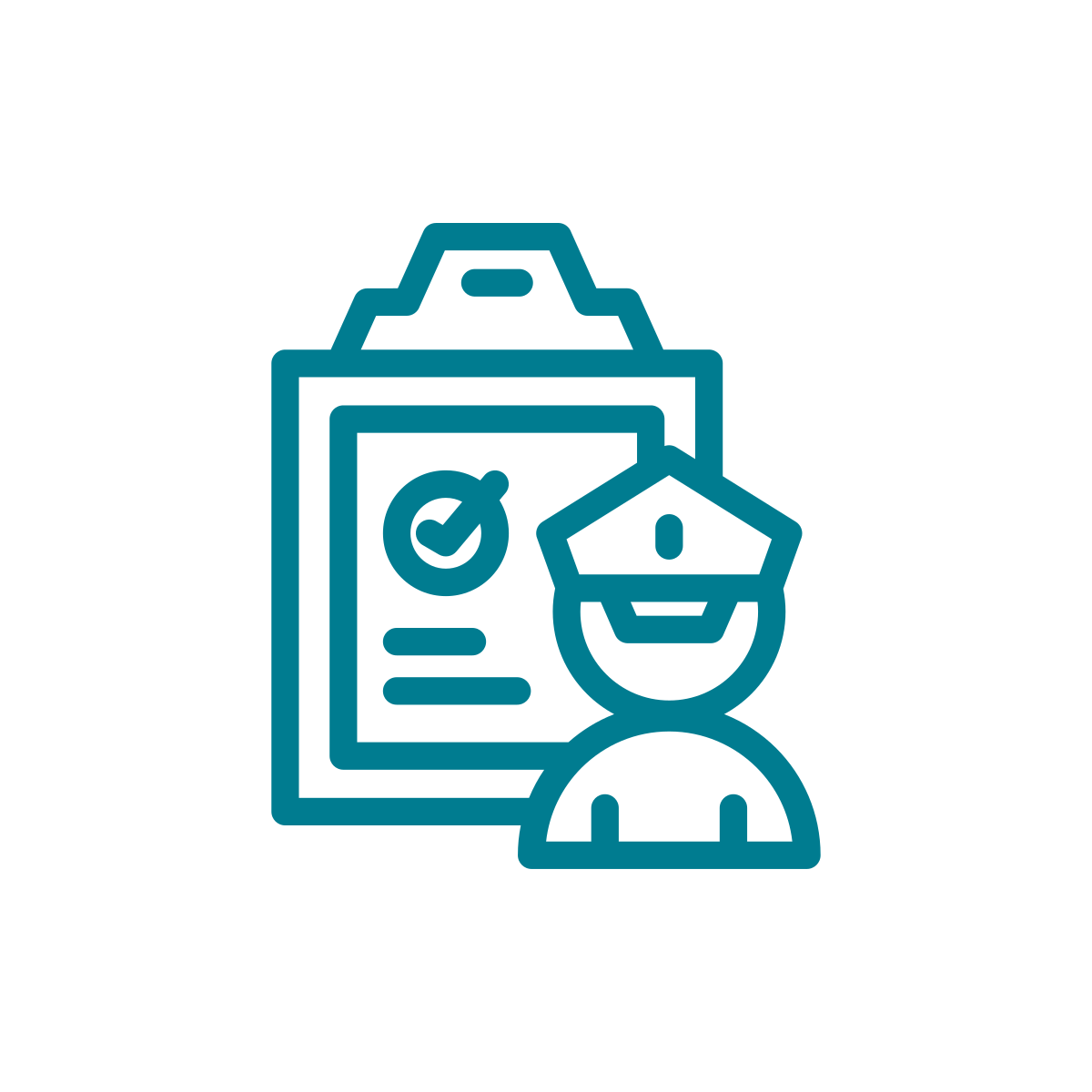 Icon of a person in front of a clipboard with a checkmark and a document, indicating assessment or evaluation