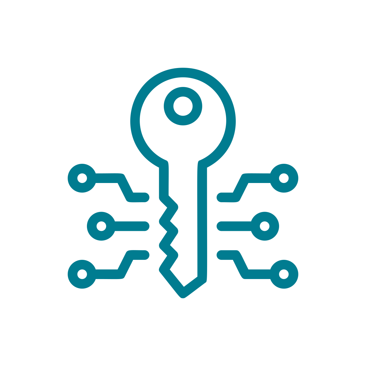Outline of a key with circuit-like lines branching out from it, symbolizing technology or cybersecurity.