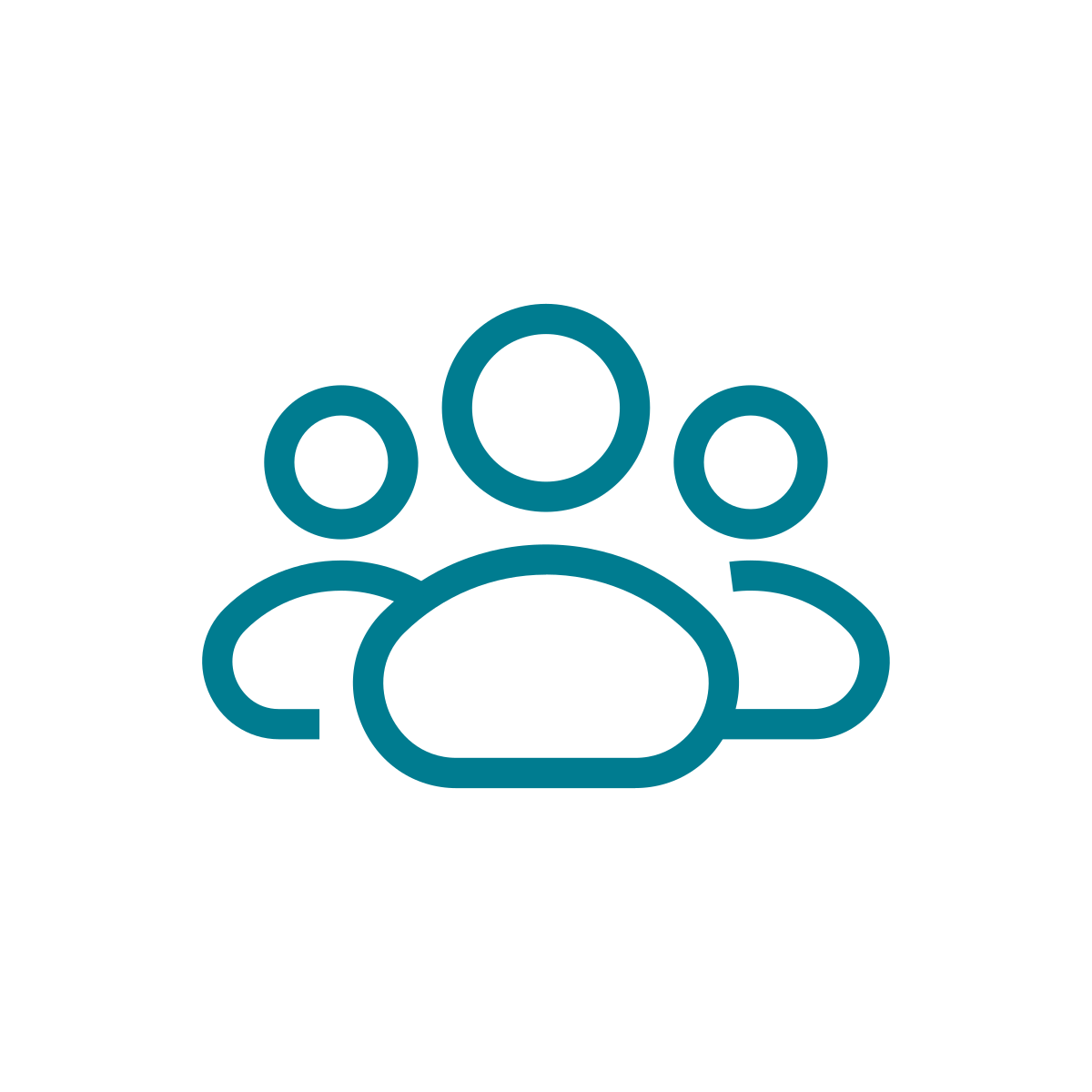 Icon of a group of three people outlined in teal, indicating community or team.