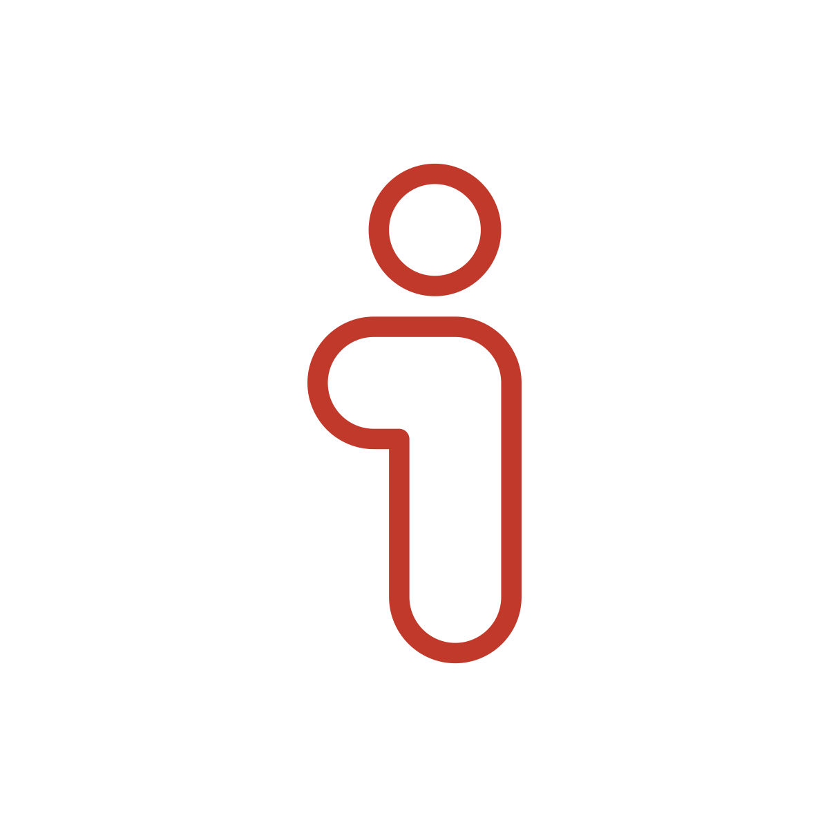 Circular icon with a minimalist red outline of a person, half-turned, on a white background.