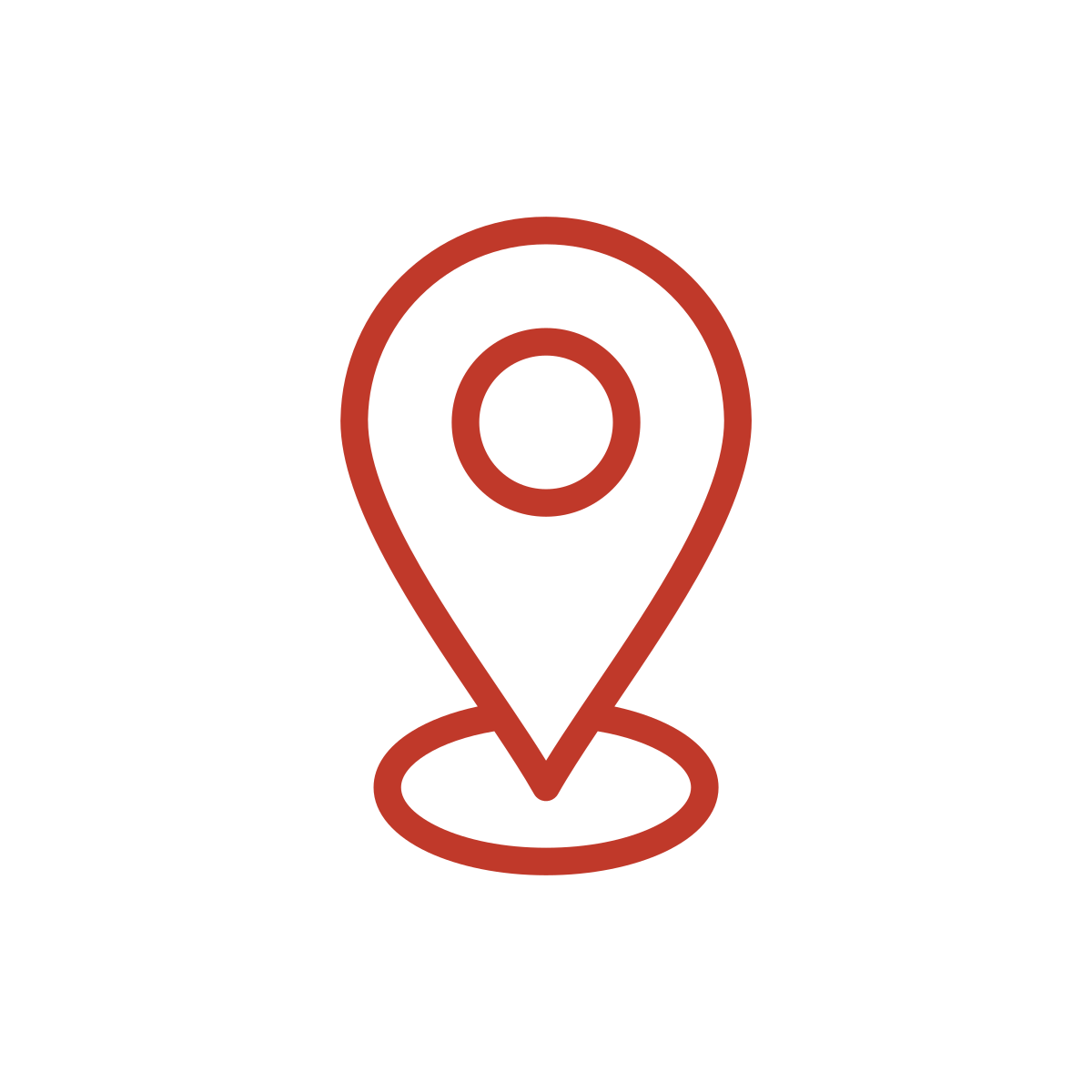 Red map pin icon on a white circular background.