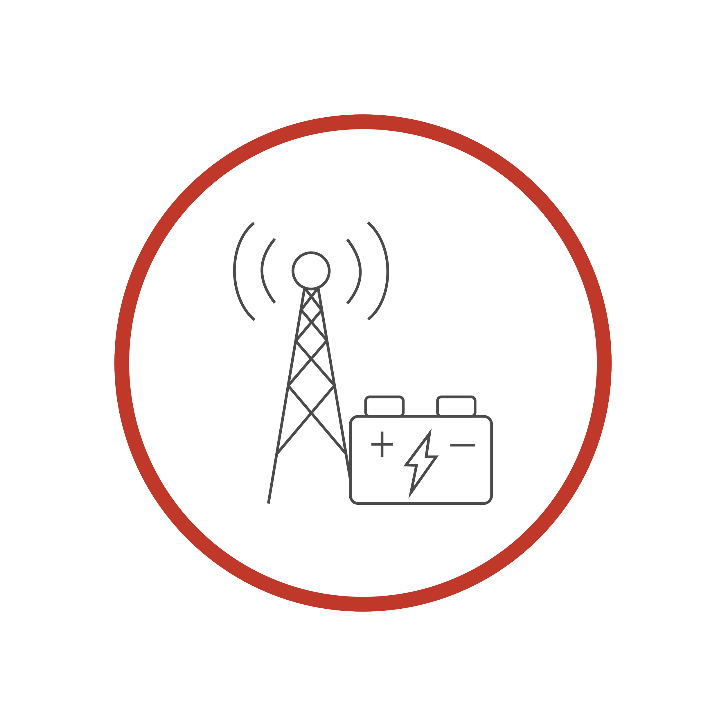 An illustration of a radio tower emitting signals, with a warning label showing a lightning bolt and a battery icon.