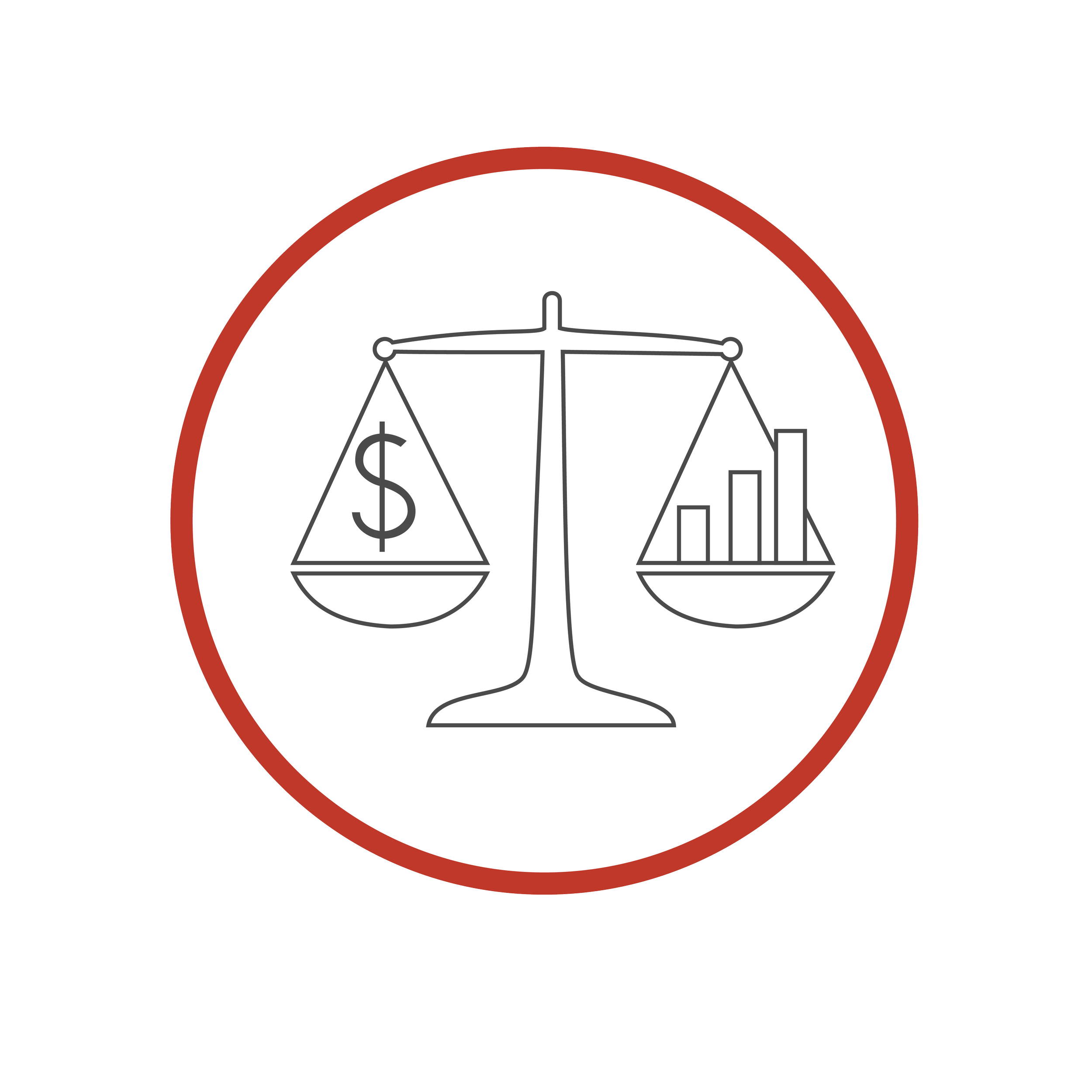 Graphic with scales of justice, dollar sign, and bar chart inside a circular border.