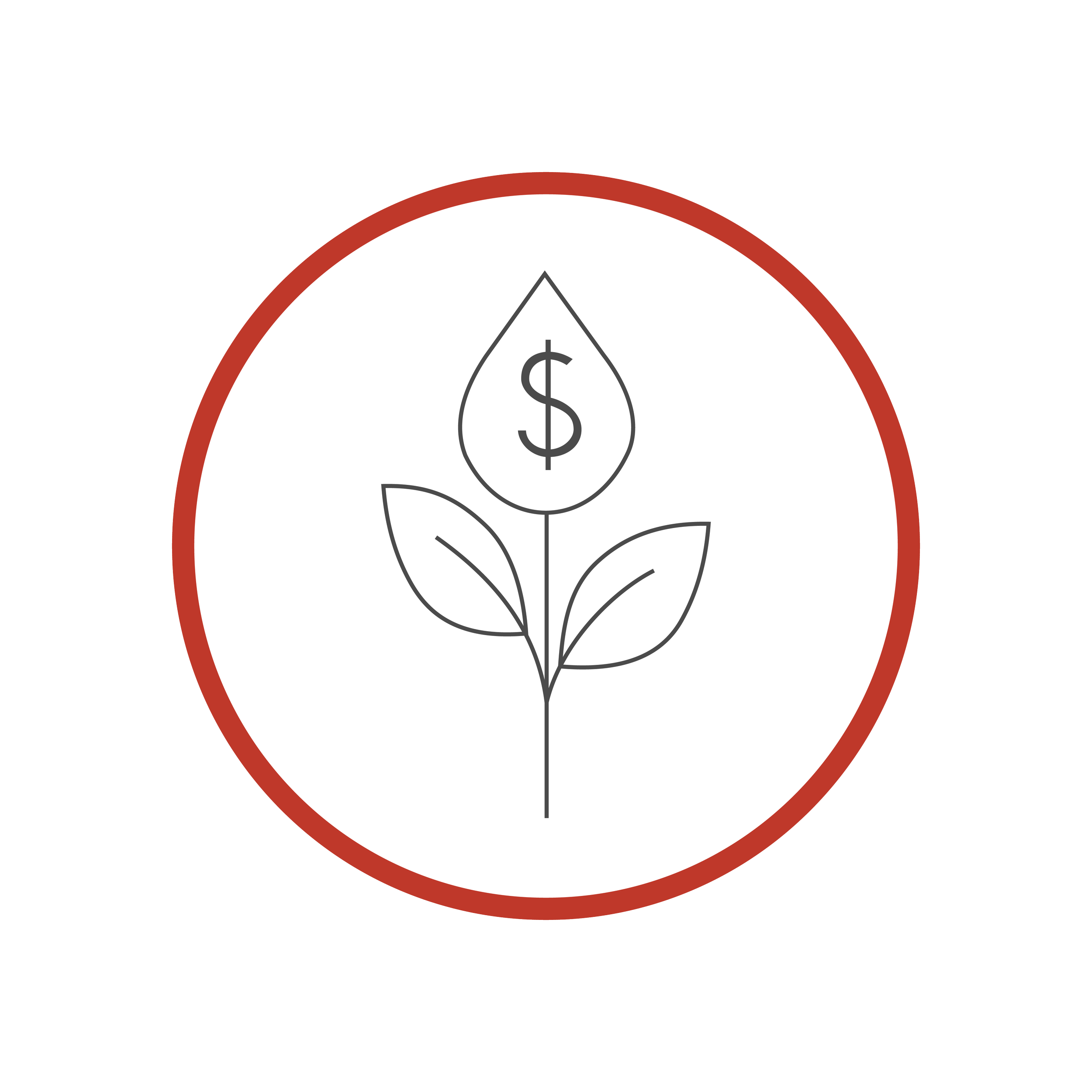 Illustration of a simple line drawing of a leaf with a dollar sign on it inside a red-bordered circle.