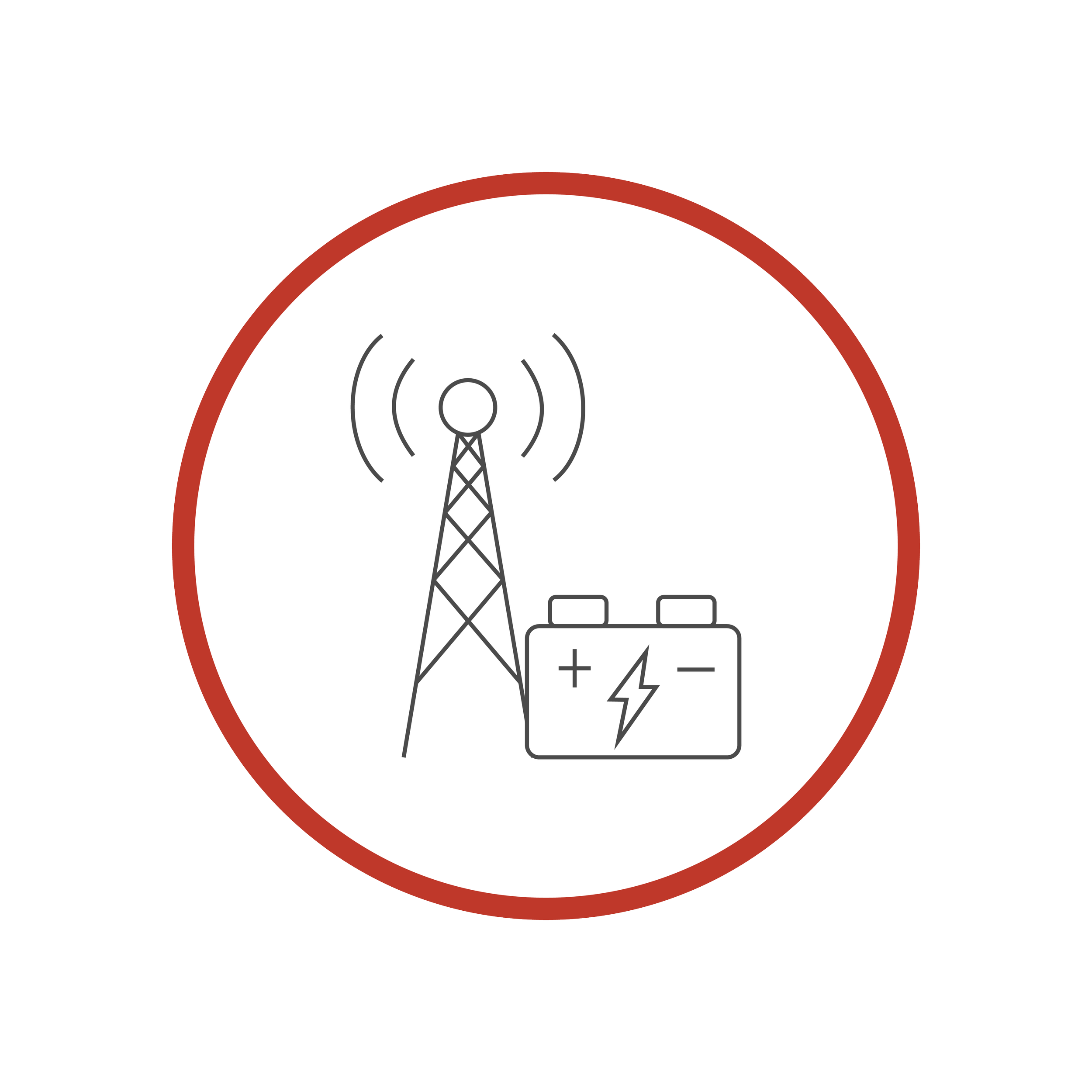Illustration of a radio transmission tower emitting signals, with a mobile phone and a voltage symbol nearby, all inside a red circle.