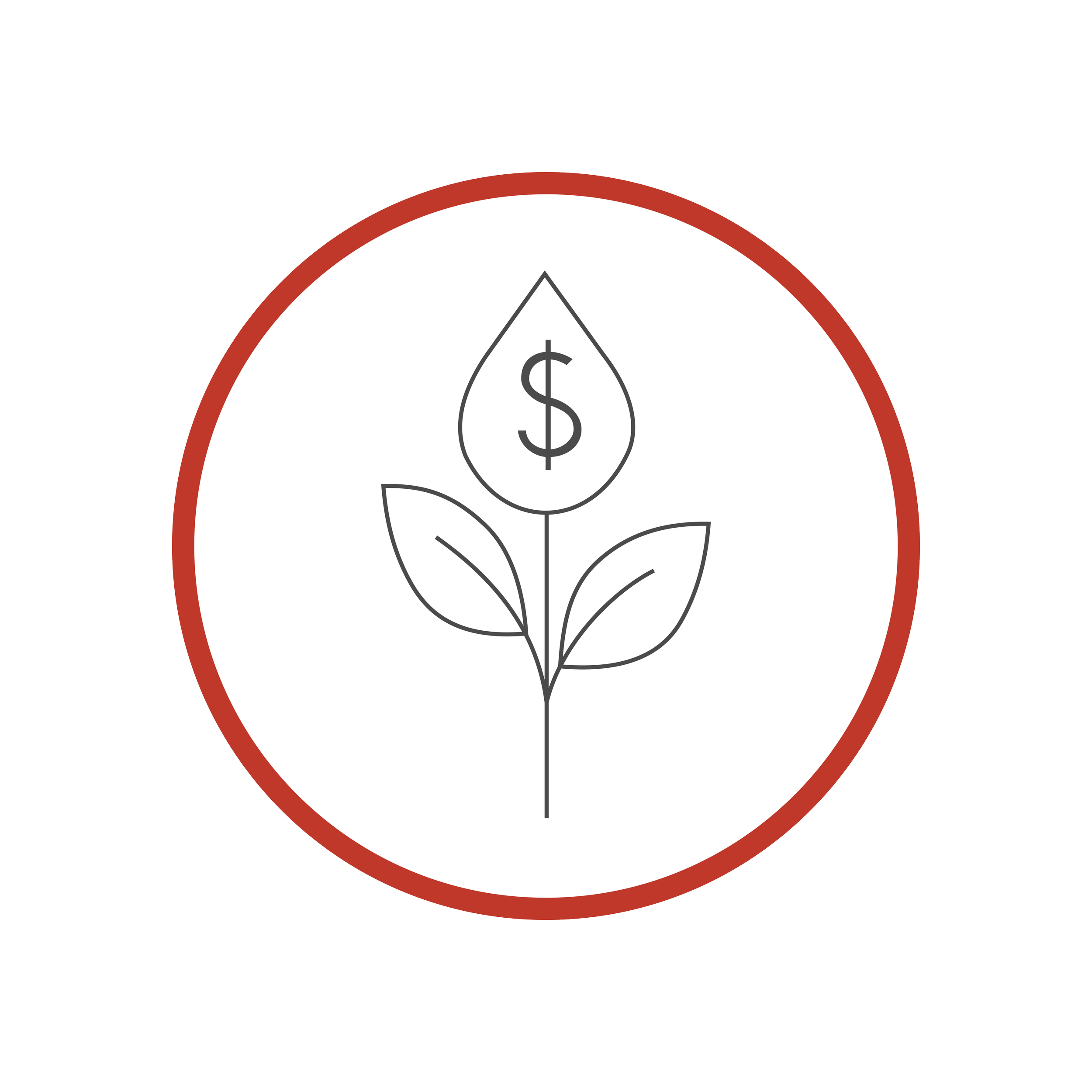 An illustration of a dollar sign symbol on a leaf, with a droplet shape above the dollar sign, inside a circle with a red border.