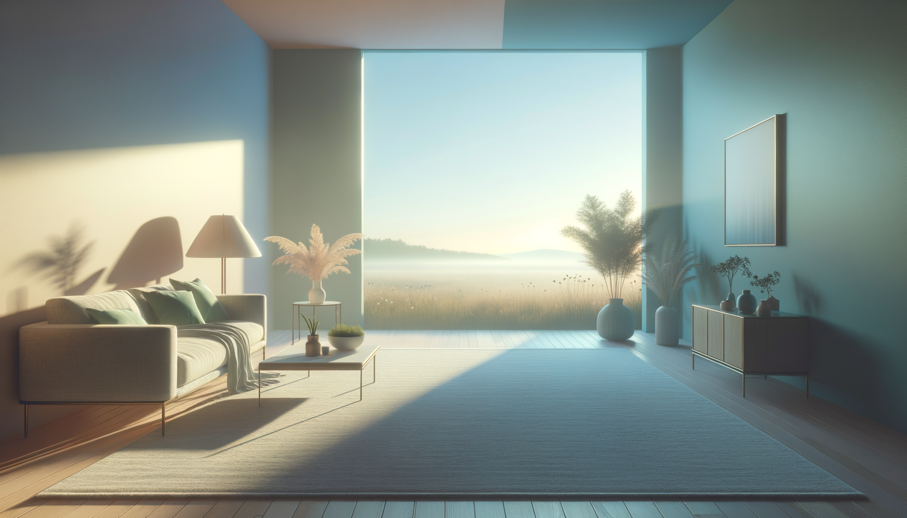 Minimalist living room with a large window overlooking a field, sofa with cushions, a coffee table with decorative items, potted plants, a sideboard with vases, and wall art, illuminated by natural sunlight.