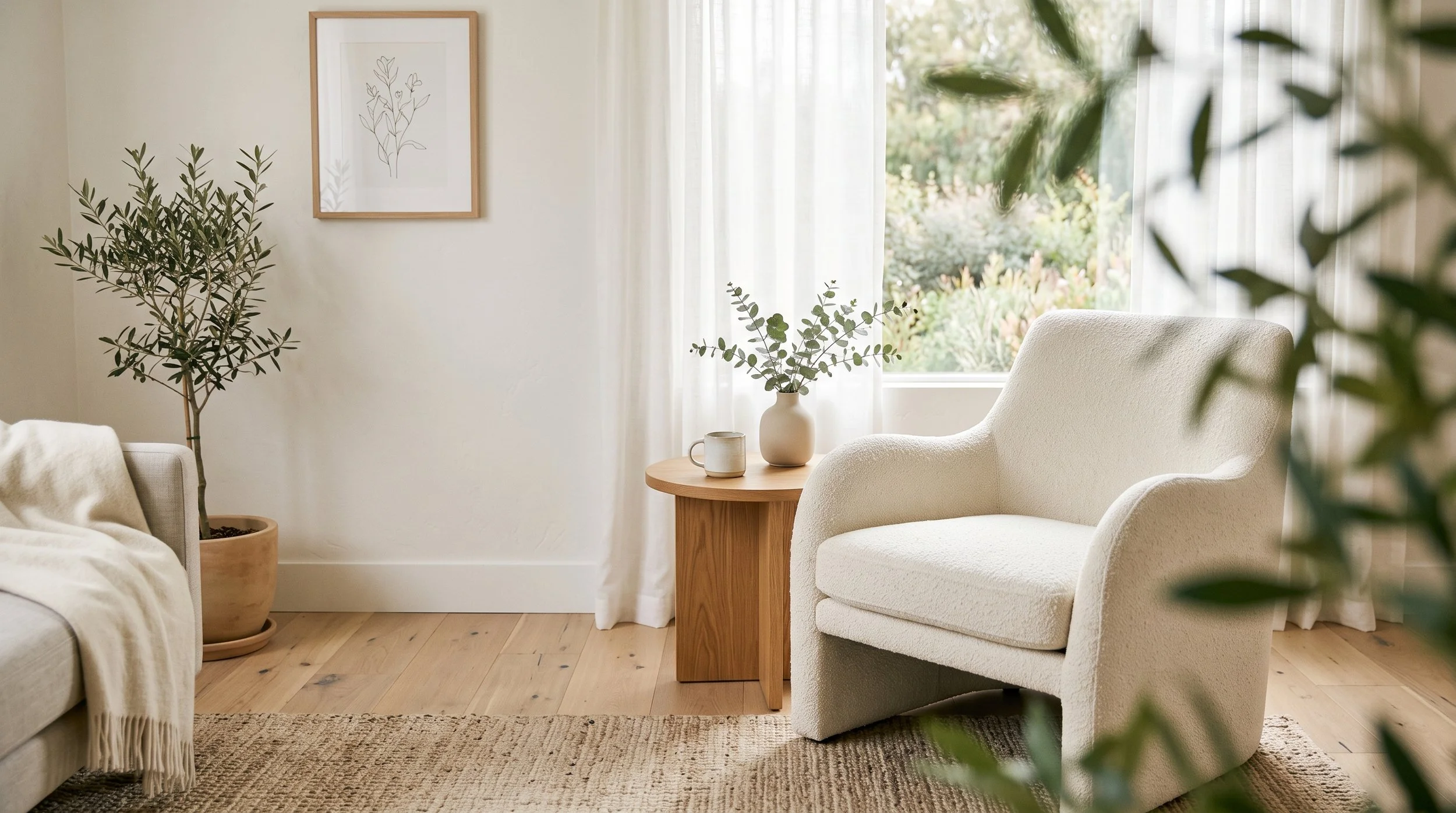 A cozy living room corner with a white armchair, a small round wooden side table with a vase of greenery and a mug, a large potted plant, and artwork on the wall near a window with sheer curtains and greenery outside.