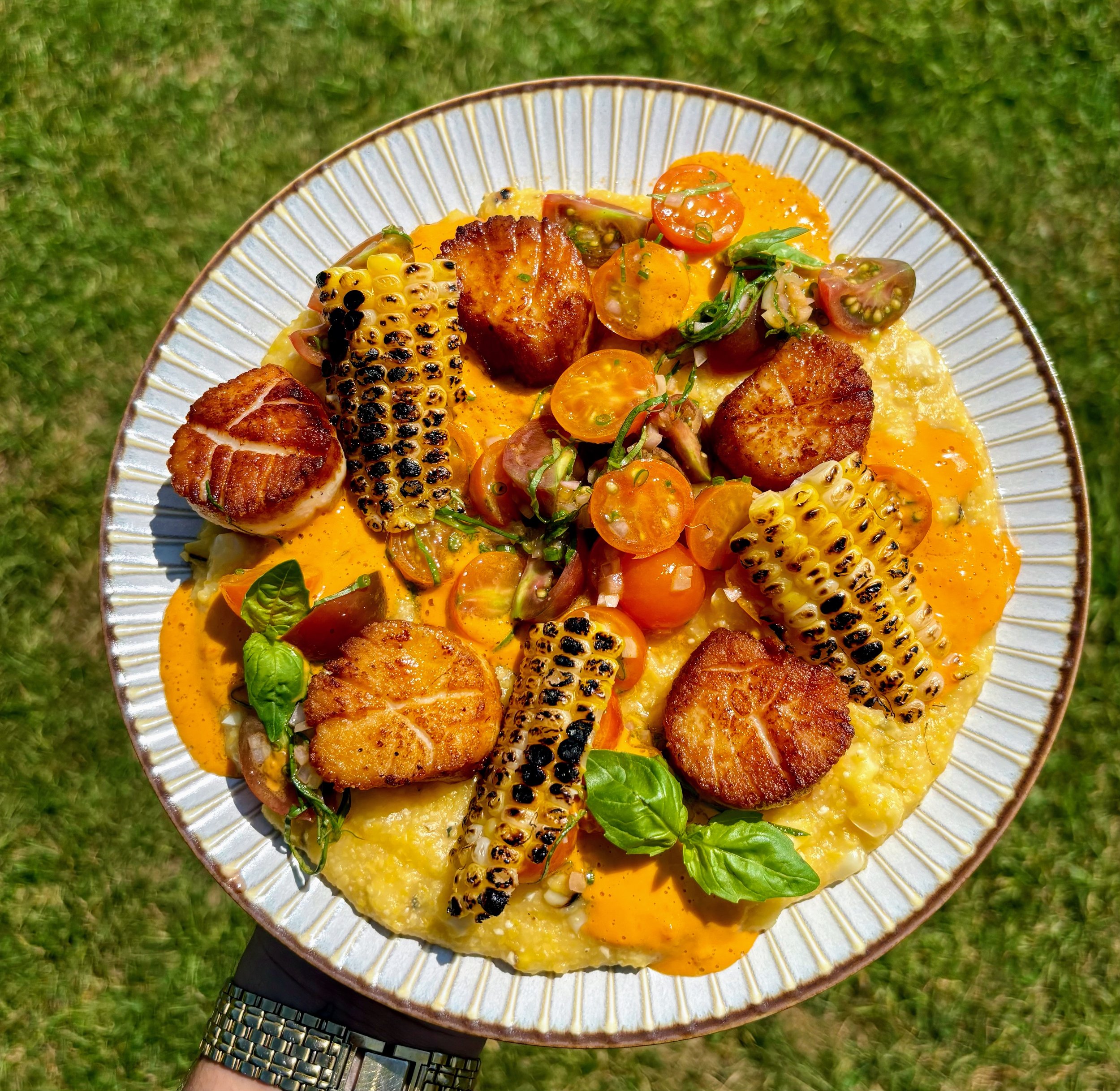 Corn, scallop, based dish