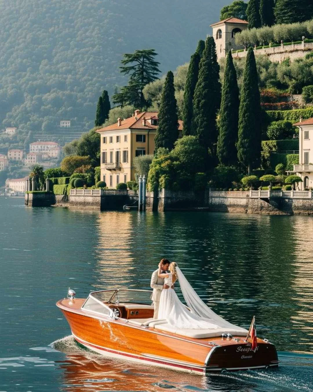 Couple embracing on a vintage wooden Riva boat on Lake Como, with villas and cypress hills in the background.