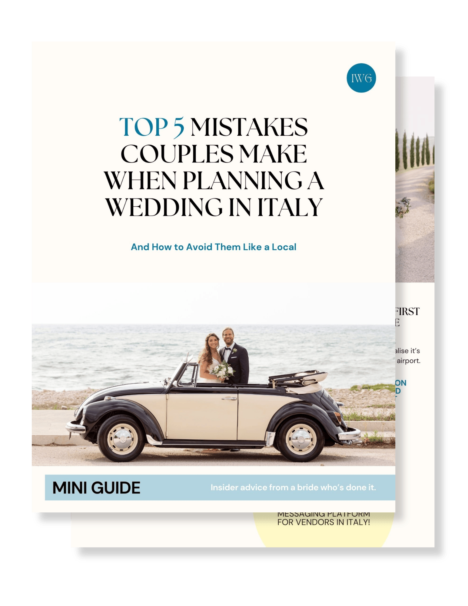 Mockup of the “Top 5 Mistakes Couples Make When Planning a Wedding in Italy” mini guide, featuring a couple in a vintage car by the sea.