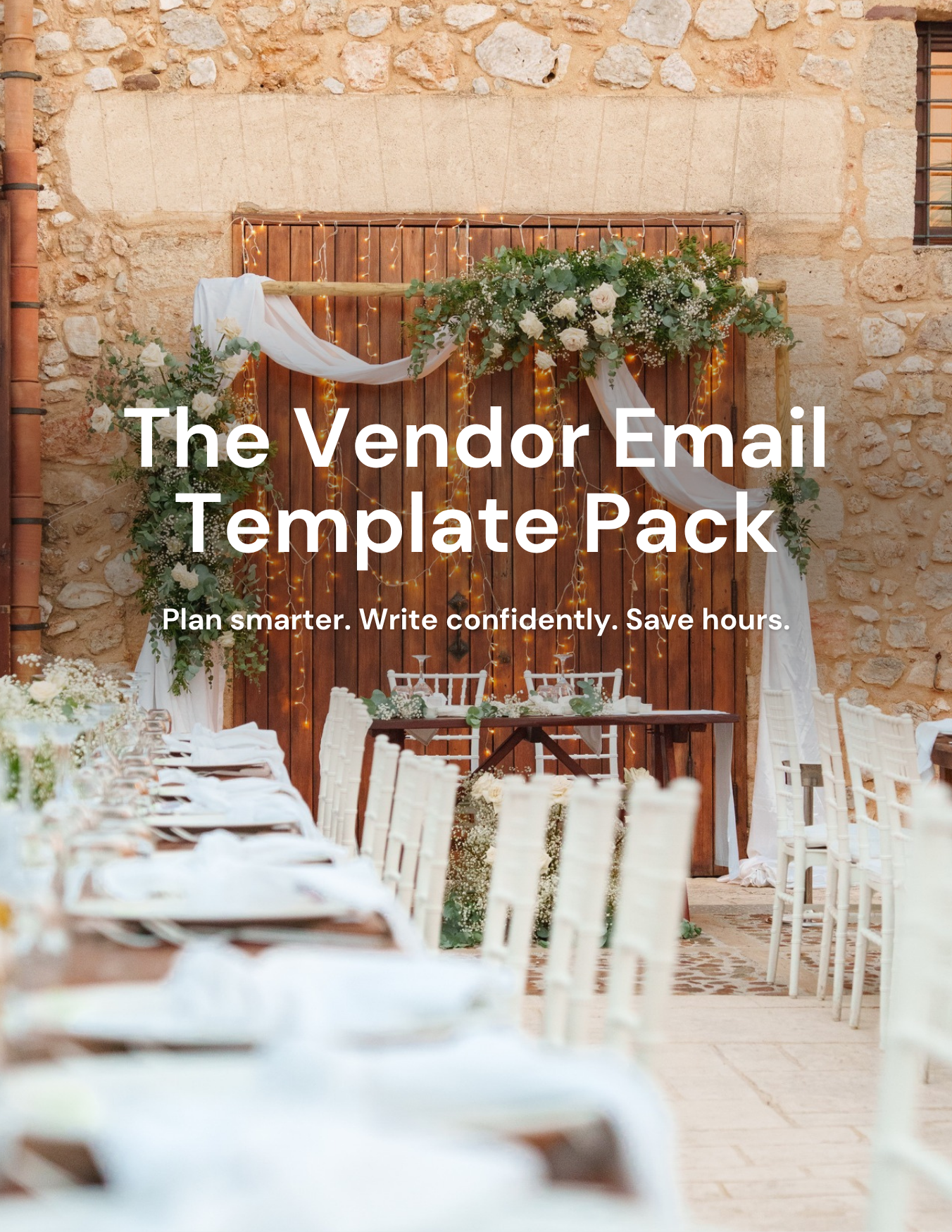 Cover image for The Vendor Email Template Pack showing a rustic Italian wedding reception scene with floral styling, fairy lights, and the words Plan smarter. Write confidently. Save hours.