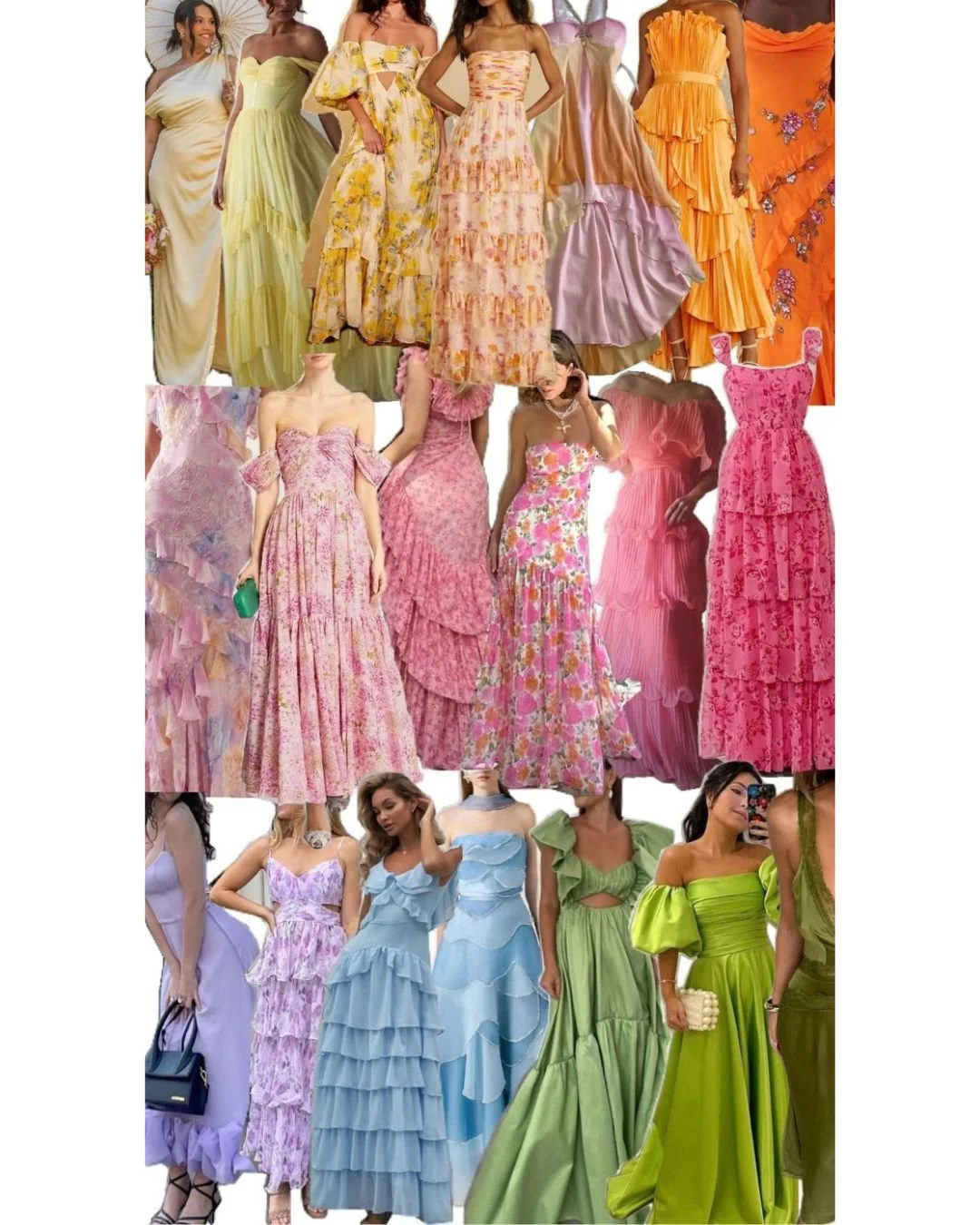 The image shows a collage of colorful, ruffled dresses in pastel shades, including yellow, pink, blue, and green, with floral patterns and various elegant styles perfect for summer events.