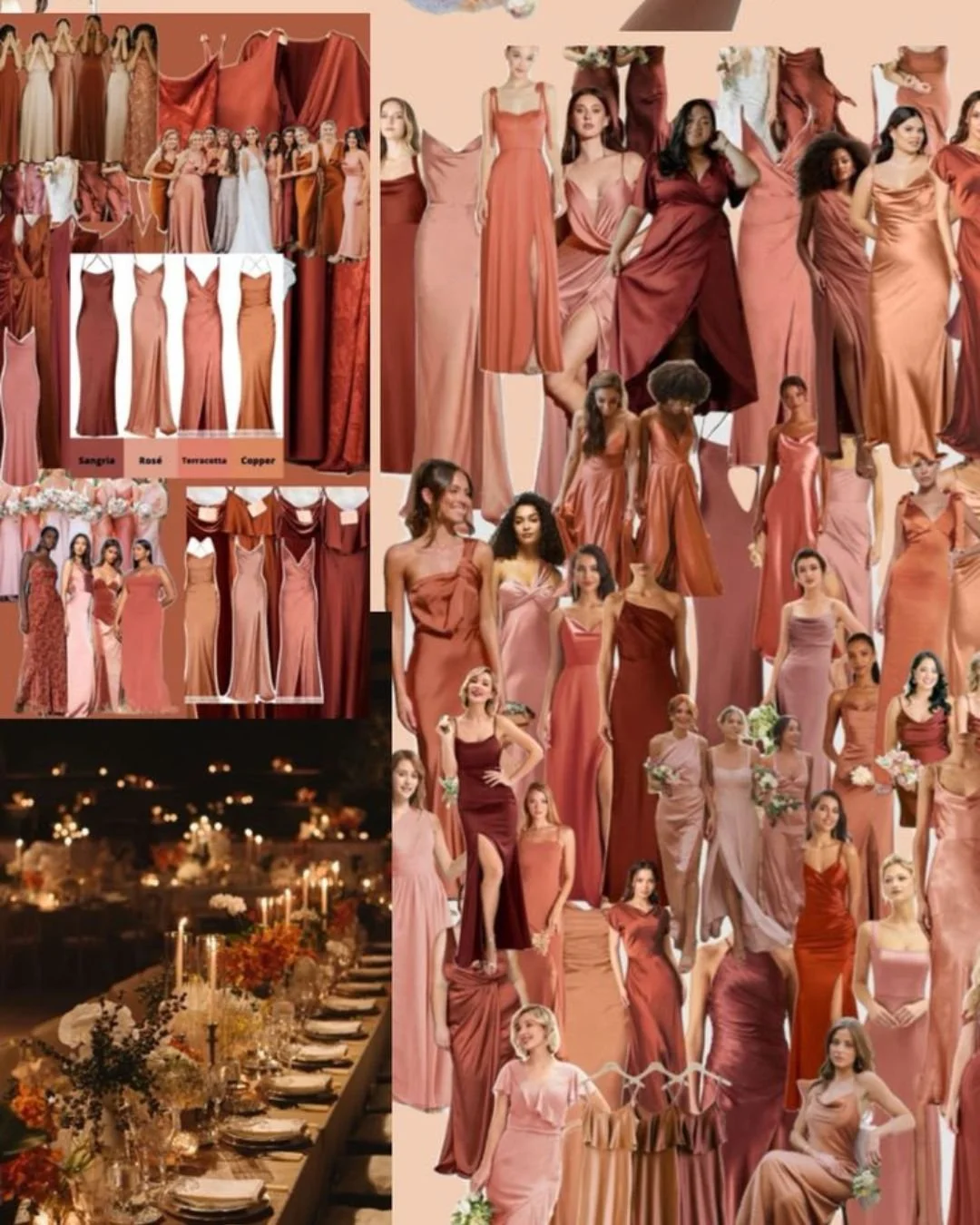 The image showcases elegant dresses in warm tones like sangria, red, and copper, featuring various styles. It also includes a cozy dinner setting with candles and floral arrangements, ideal for fall or winter events.