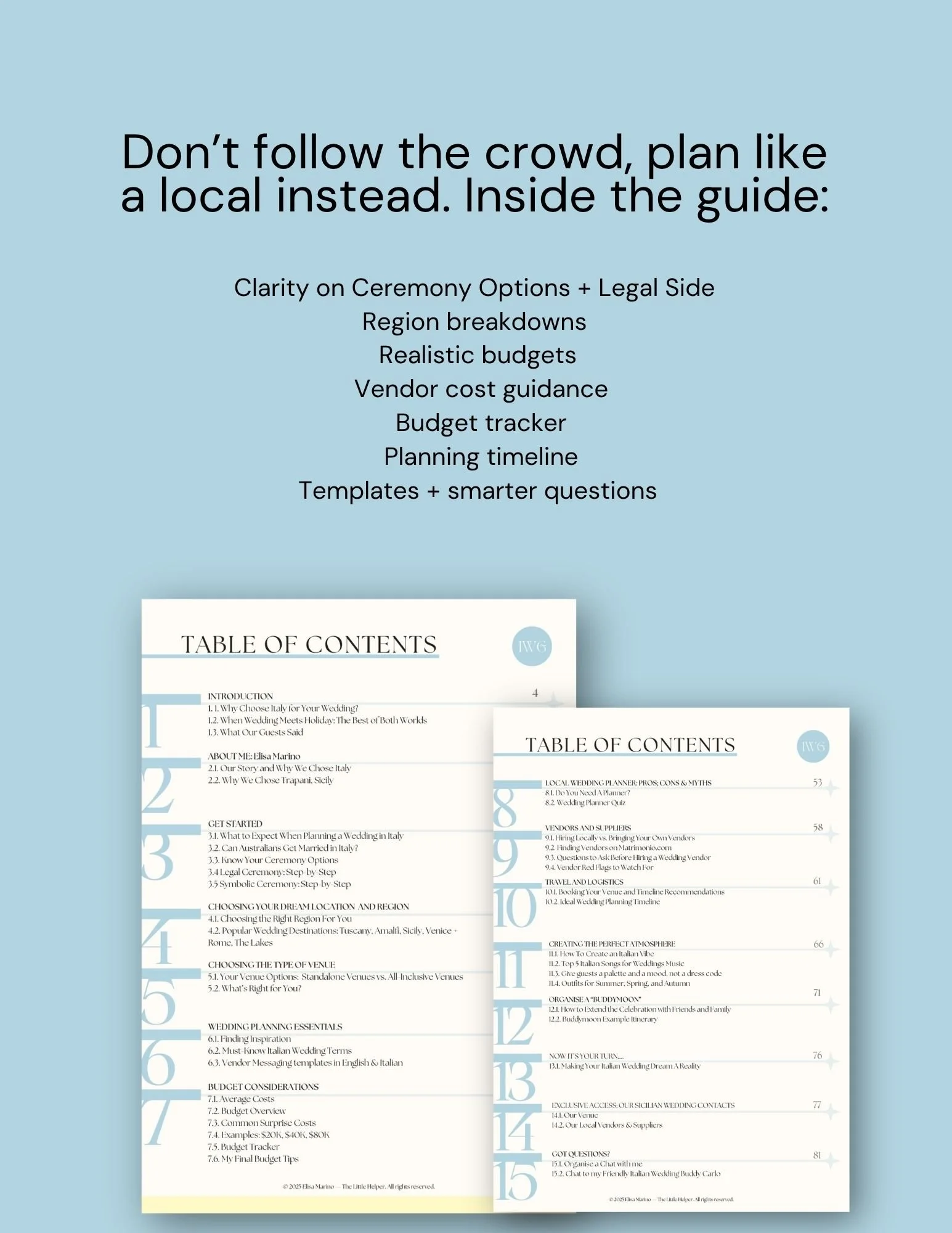 The Italy Wedding Guide table of contents featuring Italy wedding planning, legal ceremony guidance, regional advice, budget tools, and destination wedding checklists.
