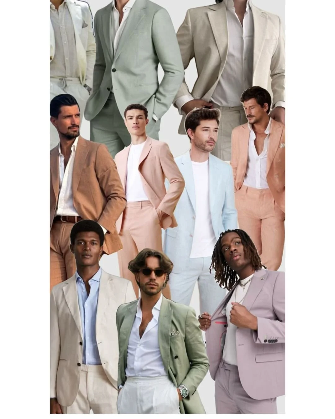 The image features stylish men’s suits in pastel shades like mint, peach, and pink, perfect for spring or summer events.