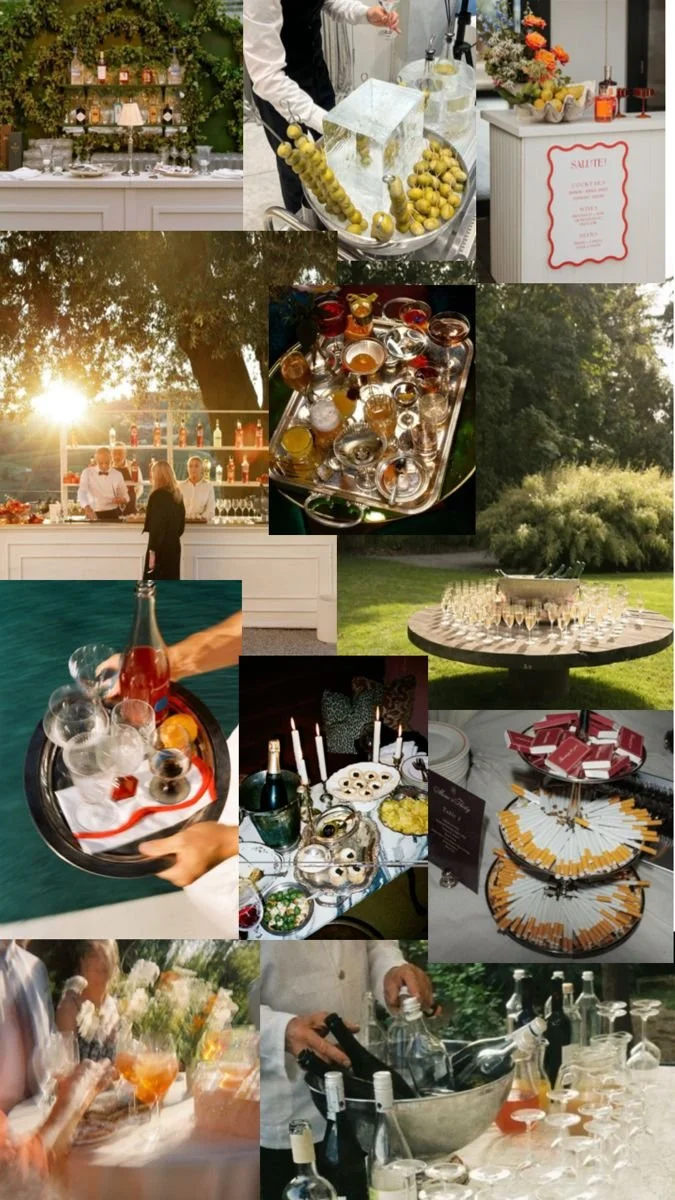 Elegant Italian wedding cocktail and aperitivo setup with spritz drinks, champagne tower, olive martinis, and sunset garden bar styling.”
