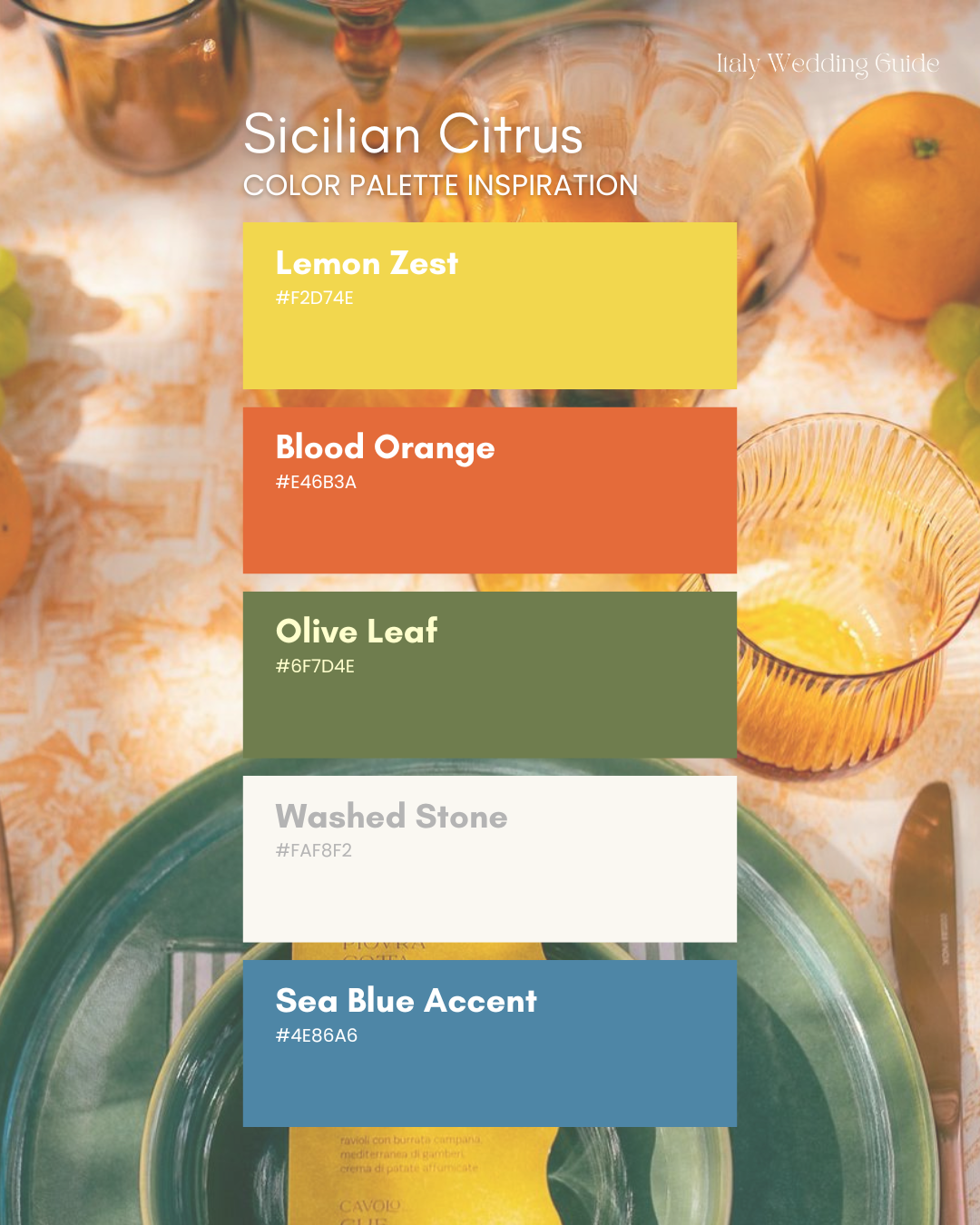 Sicilian citrus wedding colour palette featuring lemon zest yellow, blood orange, olive green, washed stone and a sea blue accent, styled with citrus fruit and Italian tableware.